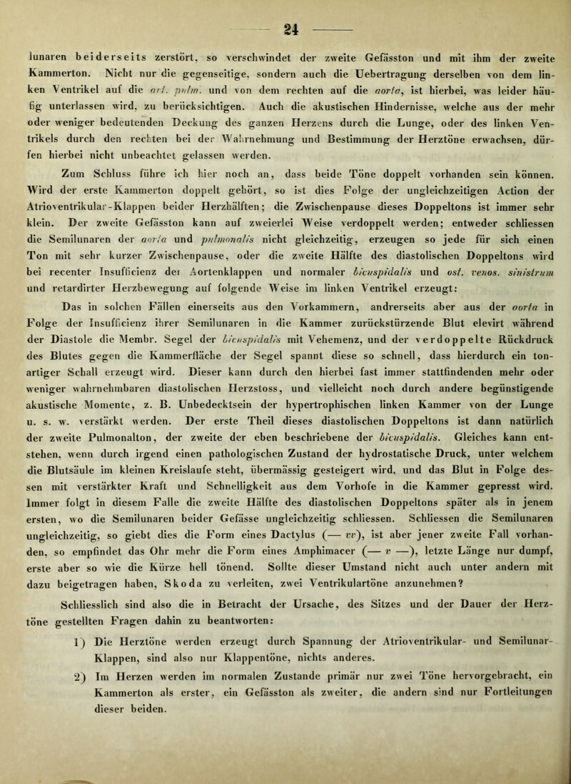 lunaren beiderseits zerstört, so verschwindet der zweite Gefässton und mit ihm der zweite Kammerton. Nicht nur die gegenseitige, sondern auch die Uebertragung derselben von dem lin- ken Ventrikel auf die or/. puhn. und von dem rechten auf die aoria, ist hierbei, was leider häu- fig unterlassen wird, zu berücksichtigen. Auch die akustischen Hindernisse, welche aus der mehr oder weniger bedeutenden Deckung des ganzen Herzens durch die Lunge, oder des linken Ven- trikels durch den rechten bei der Wahrnehmung und Bestimmung der Herztöne erwachsen, dür- fen hierbei nicht unbeachtet gelassen werden. Zum Schluss führe ich hier noch an, dass beide Töne doppelt vorhanden sein können. Wird der erste Kammerton doppelt gehört, so ist dies Folge der ungleichzeitigen Action der Atrioventrikular-Klappen beider Herzhälften; die Zwischenpause dieses Doppeltons ist immer sehr klein. Der zweite Gefässton kann auf zweierlei Weise verdoppelt werden; entweder schliessen die Semilunaren der aoria und pulmonalis nicht gleichzeitig, erzeugen so jede für sich einen Ton mit sehr kurzer Zwischenpause, oder die zweite Hälfte des diastolischen Doppeltons wird bei recenter Insuflicienz der Aortenklappen und normaler bicuspidalis und ost. venös, sinistrum und retardirter Herzbewegung auf folgende Weise im linken Ventrikel erzeugt: Das in solchen Fällen einerseits aus den Vorkammern, andrerseits aber aus der oortn in Folge der Insufficienz ihrer Semilunaren in die Kammer zurückstürzende Blut elevirt während der Diastole die Membr. Segel der bicuspidalis mit Vehemenz, und der verdoppelte Rückdruck des Blutes gegen die Kammerfläche der Segel spannt diese so schnell, dass hierdurch ein ton- artiger Schall erzeugt wird. Dieser kann durch den hierbei fast immer stattfindenden mehr oder weniger wahrnehmbaren diastolischen Ilerzstoss, und vielleicht noch durch andere begünstigende akustische Momente, z. B. Unbedecktsein der hypertrophischen linken Kammer von der Lunge u. s. w. verstärkt werden. Der erste Theil dieses diastolischen Doppeltons ist dann natürlich der zweite Pulmonalton, der zweite der eben beschriebene der bicuspidalis. Gleiches kann ent- stehen, wenn durch irgend einen pathologischen Zustand der hydrostatische Druck, unter welchem die Blutsäule im kleinen Kreisläufe steht, übermässig gesteigert wird, und das Blut in Folge des- sen mit verstärkter Kraft und Schnelligkeit aus dem Vorhofe in die Kammer gepresst wird. Immer folgt in diesem Falle die zweite Hälfte des diastolischen Doppeltons später als in jenem ersten, wo die Semilunaren beider Gefässe ungleichzeitig schliessen. Schliessen die Semilunaren ungleichzeitig, so giebt dies die Form eines Dactylus (— vv), ist aber jener zweite Fall vorhan- den, so empfindet das Ohr mehr die Form eines Amphimacer (— v —), letzte Länge nur dumpf, erste aber so wie die Kürze hell tönend. Sollte dieser Umstand nicht auch unter andern mit dazu beigetragen haben, Skoda zu verleiten, zwei Ventrikulartöne anzunehmen? Schliesslich sind also die in Betracht der Ursache, des Sitzes und der Dauer der Herz- töne gestellten Fragen dahin zu beantworten: 1) Die Herztöne werden erzeugt durch Spannung der Atrioventrikular- und Semilunar- Klappen, sind also nur Klappentöne, nichts anderes. 2) Im Herzen werden im normalen Zustande primär nur zwei Töne hervorgebracht, ein Kammerton als erster, ein Gefässton als zweiter, die andern sind nur Fortleitungen dieser beiden.