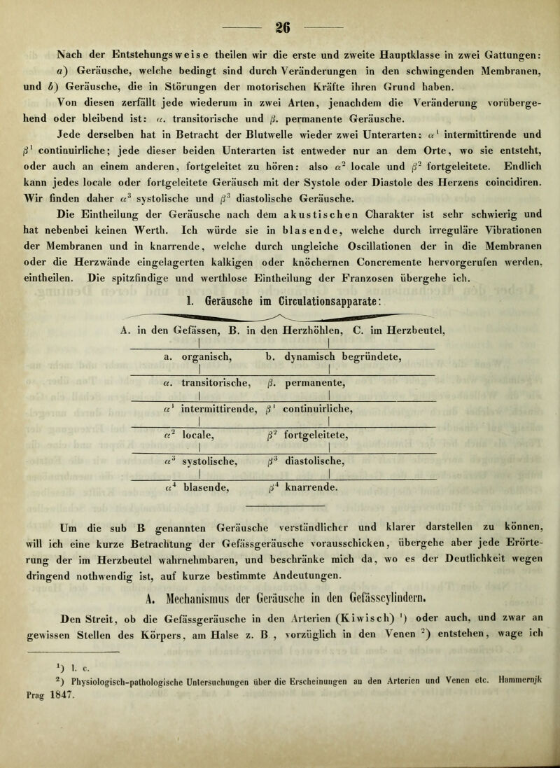 Nach der Entstehungs weis e theilen wir die erste und zweite Hauptklasse in zwei Gattungen: ö) Geräusche, welche bedingt sind durch Veränderungen in den schwingenden Membranen, und £) Geräusche, die in Störungen der motorischen Kräfte ihren Grund haben. \on diesen zerfällt jede wiederum in zwei Arten, jenachdem die Veränderung vorüberge- hend oder bleibend ist: a. transitorische und ß. permanente Geräusche. Jede derselben hat in Betracht der Blutwelle wieder zwei Unterarten: «' intermitth'ende und ß1 continuirliche; jede dieser beiden Unterarten ist entweder nur an dem Orte, wo sie entsteht, oder auch an einem anderen, fortgeleitet zu hören: also a~ locale und ß2 fortgeleitete. Endlich kann jedes locale oder fortgeleitete Geräusch mit der Systole oder Diastole des Herzens coincidiren. Wir finden daher «3 systolische und ß3 diastolische Geräusche. Die Eintheilung der Geräusche nach dem akustischen Charakter ist sehr schwierig und hat nebenbei keinen Werth. Ich würde sie in blasende, welche durch irreguläre Vibrationen der Membranen und in knarrende, welche durch ungleiche Oscillationen der in die Membranen oder die Herzwände eingelagerten kalkigen oder knöchernen Concremente hervorgerufen werden, eintheilen. Die spitzfindige und werthlose Eintheilung der Franzosen übergehe ich. 1. Geräusche im Circulationsapparate: l. in den Gefässen, B. in den Herzhöhlen, C. im Herzbeutel. 1 a. organisch, b. dynamisch begründete, a. transitorische, 1 ß. permanente, a1 intermittirende, 1 ß' continuirliche, a2 locale, 1 ß- fortgeleitete, 1 u3 systolische, ß3 diastolische, 1 cc4 blasende, ß4 knarrende. Um die sub B genannten Geräusche verständlicher und klarer darstellen zu können, will ich eine kurze Betrachtung der Gefässgeräusche vorausschicken, übergehe aber jede Erörte- rung der im Herzbeutel wahrnehmbaren, und beschränke mich da, wo es der Deutlichkeit wegen dringend nothwendig ist, auf kurze bestimmte Andeutungen. A. Mechanismus der Geräusche in den Gefässcylindern. Den Streit, ob die Gefässgeräusche in den Arterien (Kiwisch) ') oder auch, und zwar an gewissen Stellen des Körpers, am Halse z. B , vorzüglich in den Venen *) entstehen, wage ich *) 1. c. 2) Physiologisch-pathologische Untersuchungen über die Erscheinungen an den Arterien und Venen etc. Hammernjk Prag 1847.