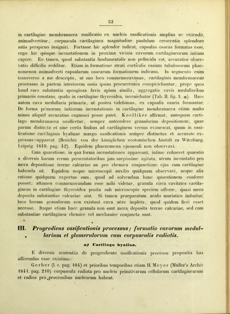 in cartilagine membranacea ossificatio ex nucleis ossificationis amplius se extendit, animadvertitur, corpuscula cartilaginea magnitudine paululum crescentia splendore satis perspicuo insigniri. Fortasse hic splendor indicat, capsulas osseas formatas esse, ergo hic quoque incrustationem in proxima vicinia cavorum cartilagineorum initium capere. Eo tamen, quod substantia fundamentalis non pellucida est, accuratior obser- vatio difficilis redditur. Etiam in formatione strati corticalis ossium tubulosorum phae- nomenon animadverti capsularum ossearum formationem indicans. In segmento enim transverso a me descripto, ut suo loco commemoravimus, cartilaginis membranaceae processus in partem interiorem ossis ipsius procurrentes conspiciebantur, prope quos haud raro substantia spongiosa favis apium similis, aggregatis cavis medullaribus primariis constans, qualis in cartilagine thyreoidea, inveniebatur (Tab. II. fig. 3. oc). Haec autem cava medullaria primaria, ut postea videbimus, ex capsulis osseis formantur. De forma primorum initiorum incrustationis in cartilagine membranacea etiam mullo minus aliquid accuratius cognosci posse patet. Koelliker affirmat, antequam carti- lago membranacea ossificetur, semper antecedere granulorum depositionem, quae parum distincta et sine certis finibus ad cartilaginem versus evanescat, quum in ossi- ficatione cartilaginis hyalinae margo ossificationis semper distinctus et accurate ex- pressus appareat (Berichte von der koniglichen zootomischen Anstalt zu Wilrzburg. Leipzig 1819. pag. 42). Equidem phaenomena ejusmodi non observavi. Cum quaestione, in qua forma incrustationes appareant, intime cohaeret quaestio a diversis harum rerum perscrutatoribus jam saepissime agitata, utrum incrustatio pro mera depositione terrae calcariae an pro chemica conjunctione ejus cum cartilagine habenda sit. Equidem neque microscopii auxilio quidquam observavi, neque alia ratione quidquam expertus sum, quod ad solvendam hanc quaestionem conferre posset; attamen commemorandum esse mihi videtur, granula circa cavitates cartila- gineas in cartilagine thyreoidea posita sub microscopio speciem offerre, quasi mera deposita substantiae calcariae sint. Si tamen praeparatum acido muriatico imbuitur, loco horum granulorum non existunt cava aere impleta, quod quidem fieri esset necesse. Itaque etiam haec granula non sunt mera deposita terrae calcariae, sed cum substantiae cartilaginea chemice vel mechanice conjuncta sunt. 0 III. Progrediens ossificationis processos: formatio cavorum medul- . larium et glomerulorum cum corpusculis radiatis. a) Cartilago hyalina. E diversis sententiis de progrediente ossificationis processu propositis has afferendas esse existimo: Gerber (1. c. pag. 104) et prioribus temporibus etiam H. Meyer (MiilleFs Arcliiv 1841. pag. 210) corpuscula radiata pro nucleis primitivarum cellularum cartilaginearum et radios pro .processibus nucleorum habent.