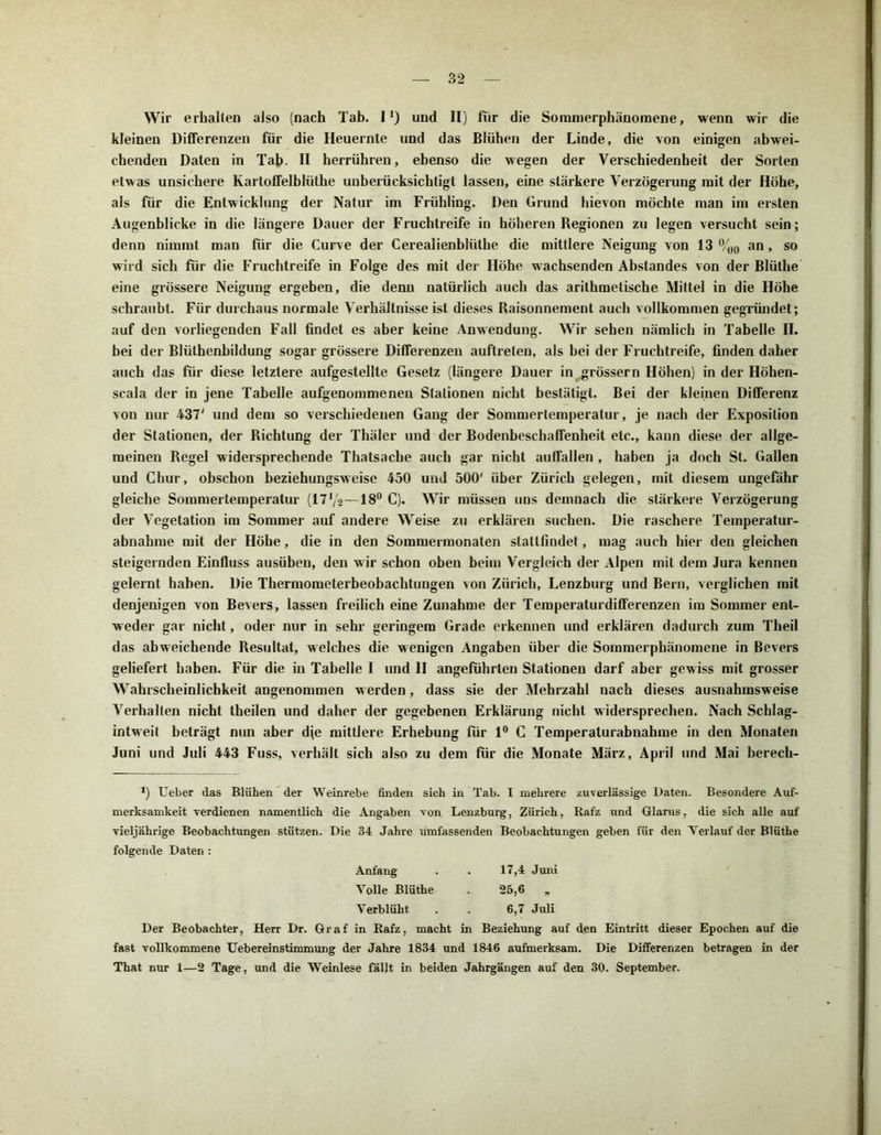 Wir erhalten also (nach Tab. I ‘) und II) für die Sorumerphänomene, wenn wir die kleinen Differenzen für die Heuernte und das Blühen der Linde, die von einigen abwei- chenden Daten in Tab. II herrühren, ebenso die wegen der Verschiedenheit der Sorten etwas unsichere Kartoffelblüthe unberücksichtigt lassen, eine stärkere Verzögerung mit der Höhe, als für die Entwicklung der Natur im Frühling. Den Grund hievon möchte man im ersten Augenblicke in die längere Dauer der Fruchtreife in höheren Regionen zu legen versucht sein; denn nimmt man für die Curve der Cerealienblüthe die mittlere Neigung von 13 %o an, so wird sich für die Fruchtreife in Folge des mit der Höhe wachsenden Abstandes von der Blüthe eine grössere Neigung ergeben, die denn natürlich auch das arithmetische Mittel in die Höhe schraubt. Für durchaus normale Verhältnisse ist dieses Raisonnement auch vollkommen gegründet; auf den vorliegenden Fall findet es aber keine Anwendung. Wir sehen nämlich in Tabelle II. bei der Blüthenbildung sogar grössere Differenzen auftreten, als bei der Fruchtreife, finden daher auch das für diese letztere aufgestellte Gesetz (längere Dauer in grossem Höhen) in der Höhen- scala der in jene Tabelle aufgenommenen Stationen nicht bestätigt. Bei der kleinen Differenz von nur 437' und dem so verschiedenen Gang der Sommertemperatur, je nach der Exposition der Stationen, der Richtung der Thäler und der BodenbeschafFenheit etc., kann diese der allge- meinen Regel widersprechende Thatsache auch gar nicht aulfallen , haben ja doch St. Gallen und Chur, obschon beziehungsweise 450 und 500' über Zürich gelegen, mit diesem ungefähr gleiche Sommertemperatur (17‘/o—18° C). Wir müssen uns demnach die stärkere Verzögerung der Vegetation im Sommer auf andere Weise zu erklären suchen. Die raschere Temperatur- abnahme mit der Höhe, die in den Sommermonaten staltfindet, mag auch hier den gleichen steigernden Einfluss ausüben, den wir schon oben beim Vergleich der Alpen mit dem Jura kennen gelernt haben. Die Thermometerbeobachtungen von Zürich, Lenzburg und Bern, verglichen mit denjenigen von Bevers, lassen freilich eine Zunahme der Temperaturdifferenzen im Sommer ent- weder gar nicht, oder nur in sehr geringem Grade erkennen und erklären dadurch zum Theil das abweichende Resultat, welches die wenigen Angaben über die Sommerphänomene in Bevers geliefert haben. Für die in Tabelle I und II angeführten Stationen darf aber gewiss mit grosser Wahrscheinlichkeit angenommen w erden, dass sie der Mehrzahl nach dieses ausnahmsweise Verhalten nicht theilen und daher der gegebenen Erklärung nicht w idersprechen. Nach Schlag- intweit beträgt nun aber d;e mittlere Erhebung für 1° C Temperaturabnahme in den Monaten Juni und Juli 443 Fuss, verhält sich also zu dem für die Monate März, April und Mai berecli- •) Ueber das Blühen der Weinrebe finden sich in Tab. I mehrere zuverlässige Daten. Besondere Auf- merksamkeit verdienen namentlich die Angaben von Lenzburg, Zürich, Rafz und Glarus, die sich alle auf vieljährige Beobachtungen stützen. Die 34 Jahre umfassenden Beobachtungen geben für den Verlauf der Blüthe folgende Daten : Anfang . . 17,4 Juni Volle Blüthe . 25,6 „ Verblüht . . 6,7 Juli Der Beobachter, Herr Dr. Graf in Rafz, macht in Beziehung auf den Eintritt dieser Epochen auf die fast vollkommene Uebereinstimmung der Jahre 1834 und 1846 aufmerksam. Die Differenzen betragen in der That nur 1—2 Tage, und die Weinlese fällt in beiden Jahrgängen auf den 30. September.