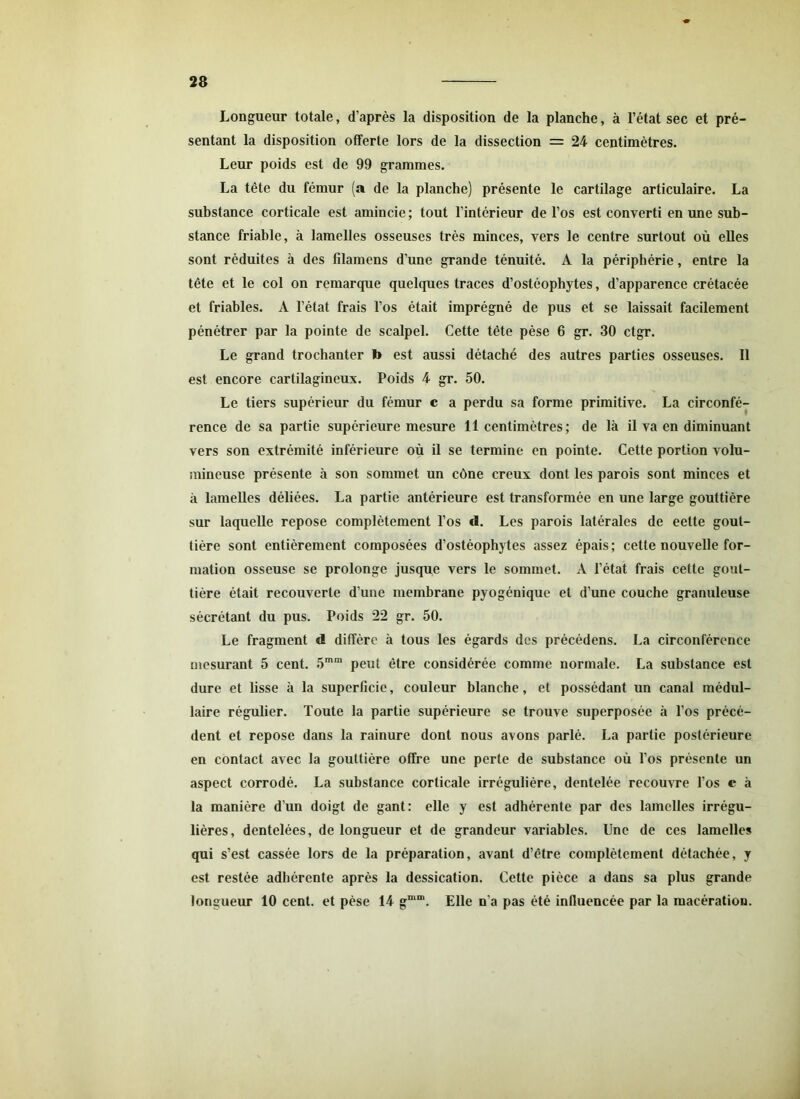 Longueur totale, d’après la disposition de la planche, à l’état sec et pré- sentant la disposition offerte lors de la dissection = 24 centimètres. Leur poids est de 99 grammes. La tête du fémur (a de la planche) présente le cartilage articulaire. La substance corticale est amincie; tout l’intérieur de l’os est converti en une sub- stance friable, à lamelles osseuses très minces, vers le centre surtout où elles sont réduites à des filamens d’une grande ténuité. A la périphérie, entre la tête et le col on remarque quelques traces d’ostéophytes, d’apparence crétacée et friables. A l’état frais l’os était imprégné de pus et se laissait facilement pénétrer par la pointe de scalpel. Cette tête pèse 6 gr. 30 ctgr. Le grand trochanter b est aussi détaché des autres parties osseuses. Il est encore cartilagineux. Poids 4 gr. 50. Le tiers supérieur du fémur c a perdu sa forme primitive. La circonfé- rence de sa partie supérieure mesure 11 centimètres; de là il va en diminuant vers son extrémité inférieure où il se termine en pointe. Cette portion volu- mineuse présente à son sommet un cône creux dont les parois sont minces et à lamelles déliées. La partie antérieure est transformée en une large gouttière sur laquelle repose complètement l’os d. Les parois latérales de eette gout- tière sont entièrement composées d’ostéophytes assez épais; cette nouvelle for- mation osseuse se prolonge jusque vers le sommet. A l’état frais cette gout- tière était recouverte d’une membrane pyogénique et d’une couche granuleuse sécrétant du pus. Poids 22 gr. 50. Le fragment d diffère à tous les égards des précédens. La circonférence mesurant 5 cent. 5mm peut être considérée comme normale. La substance est dure et lisse à la superficie, couleur blanche, et possédant un canal médul- laire régulier. Toute la partie supérieure se trouve superposée à l’os précé- dent et repose dans la rainure dont nous avons parlé. La partie postérieure en contact avec la gouttière offre une perte de substance où l’os présente un aspect corrodé. La substance corticale irrégulière, dentelée recouvre l’os c à la manière d’un doigt de gant: elle y est adhérente par des lamelles irrégu- lières, dentelées, de longueur et de grandeur variables. Une de ces lamelles qui s’est cassée lors de la préparation, avant d’être complètement détachée, y est restée adhérente après la dessication. Cette pièce a dans sa plus grande longueur 10 cent, et pèse 14 gmni. Elle n‘a pas été inlluencée par la macération.