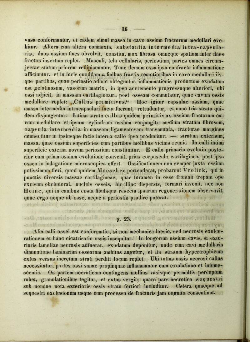 vasa conformaiitnr, et eadem simnl massa in cavo ossium fractorum medullari eve- hitur. Altera cum altera commixta, substantia intermedia intra-capsula- ris, duos ossium fines obvolvit, constita, mox fibrosa omneque spatium inter fines fractos insertum replet. .Musculi, tela cellularis, periostium, partes omnes circum- jectae statum priorem redipiscuntur. Tunc demum ossa ipsa confracta inflammatione afficiuntur, et in locis quoddam a finibus fractis remotioribus in cavo medullari iis- que partibus, quae periostio adhuc obteguntur, inflammationis productum exudatum est gelatinosum, vasorum matrix, in ipso accremento progressuque ulteriori, ubi ossi adjicit, in massam cartilagineam, post osseam commutatur, quae cavum ossis medullare replet: „Callus primitivus.“ Hoc igitur capsulae ossium, quae massa intermedia intracapsulari facta fuerunt, retruduntur, et nunc tria strata qui- dem disjungentur. Intima strata callus quidem primitivus ossium fractorum ca- vum medullare et ipsum cylindrum ossium conjungit; medium stratum fibrosum, capsula intermedia in massam ligamentosam transmutata, fracturae margines connectitur in ipsiusque facie interna callo ipso producitur; — stratiim externum, massa, quae ossium superficies cum partibus mollibus vicinis reunit. Iu calli intimi superficie externa novum periostium constituitur. E callo primario evolutio poste- rior cum prima ossium evolutione convenit, prius corpuscula cartilaginea, post ipsa ossea in indagatione inicroscopica offert. Ossificationem non semper juxta ossium potissimum fieri, quod quidem Moescher portenderat, probarunt Vrolick, qui in punctis diversis massae cartilagineae, quae foramen in osse frontali trepani ope excisum obcluderat, nucleis osseis, hic illinc dispersis, formari invenit, nec non Heine, qui in canibus costa fibulaque resecta ipsarum regenerationem observavit, quae ergo neque ab osse, neque a periostio prodire poterat. §. 23. Alia calli ossei est conformatio, si non mechanica laesio, sed necrosis exulce- rationem et hanc cicatrisatio ossis insequitur. In longorum ossium cavis, si exte- rioris lamellae necrosis adfuerat, exudatnm deponitur, unde cum cavi medullaris diminutione laminarum ossearum ambitos augetur, et ita stratum hypertrophicum extus versus incretum strati perditi locum replet. Ubi totius ossis necrosi callus necessitatur, partes ossi sanae propinquae inflammantur cum exudatione et intume- scentia. Os partem necroticam contingens mollius vasisque permultis perceptum rubet, granulationibus tegitur, et extus vergit; quare pars necrotica sequestri sub nomine nota exterioris ossis strato fortiori includitur. Cetera quaeque ad sequestri exclusionem usque cum processu de fracturis jam cognito consentiunt.