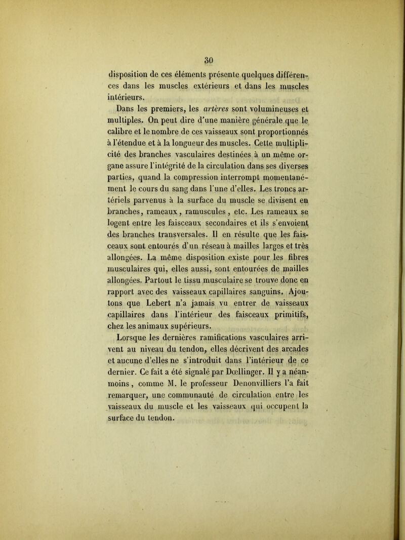 disposition de ces éléments présente quelques différen- ces dans les muscles extérieurs et dans les muscles intérieurs. Dans les premiers, les artères sont volumineuses et multiples. On peut dire d’une manière générale que le calibre et le nombre de ces vaisseaux sont proportionnés à l’étendue et à la longueur des muscles. Cette multipli- cité des branches vasculaires destinées à un même or- gane assure l’intégrité de la circulation dans ses diverses parties, quand la compression interrompt momentané- ment le cours du sang dans l’une d’elles. Les troncs ar- tériels parvenus à la surface du muscle se divisent en branches, rameaux, ramuscules, etc. Les rameaux se logent entre les faisceaux secondaires et ils s’envoient des branches transversales. Il en résulte que les fais- ceaux sont entourés d’un réseau à mailles larges et très allongées. La même disposition existe pour les fibres musculaires qui, elles aussi, sont entourées de mailles allongées. Partout le tissu musculaire se trouve donc en rapport avec des vaisseaux capillaires sanguins. Ajou- tons que Lebert n’a jamais vu entrer de vaisseaux capillaires dans l’intérieur des faisceaux primitifs, chez les animaux supérieurs. Lorsque les dernières ramifications vasculaires arri- vent au niveau du tendon, elles décrivent des arcades et aucune d’elles ne s’introduit dans l’intérieur de ce dernier. Ce fait a été signalé par Dœllinger. Il y a néan- moins , comme M. le professeur Denonvilliers l’a fait remarquer, une communauté de circulation entre les vaisseaux du muscle et les vaisseaux qui occupent la surface du tendon.