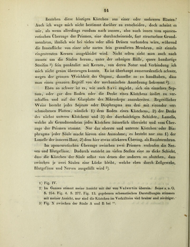 Bestehen diese häutigen Kästchen aus einer oder mehreren Häuten? Auch ich wage mich nicht bestimmt darüber zu entscheiden, doch scheint es mir, als wenn allerdings rundum nach aussen, also nach innen vom aponeu- rotischen Überzüge der Prismen, eine durchscheinende, fast structurlose Grund- membran, ähnlich wie bei vielen oder allen Drüsen vorhanden wäre, während die Innenfläche von einer sehr zarten fein granulirten Membran, mit einzeln eingestreuten Kernen ausgekleidet wird. Nicht selten sieht man auch nach aussen um die Säulen herum, unter der sehnigen Hülle, quere bandartige Streifen *) fein punktulirt mit Kernen, von deren Natur und Verbindung ich mich nicht genau überzeugen konnte. Es ist überhaupt ausserordentlich schwer, wegen der grossen Weichheit des Organs, dasselbe so zu handhaben, dass man einen genauen Begriff von der mechanischen Anordnung bekommt 1 2). Eben so schwer ist es, wie auch Savi angiebt, sich ein einzelnes Sep- tum, oder gar den Boden oder die Decke eines Kästchens isolirt zu ver- schaffen und auf der Glasplatte des Mikroskops auszubreiten. Begreiflicher Weise besteht jedes Septum oder Diaphragma aus drei mit einander ver- schmolzenen Platten, nämlich 1) dem Boden eines Kästchens, 2) der Decke des nächst unteren Kästchens und 3) der durchsichtigen Schichte, Lamelle, welche als Grundmembran jedes Kästchen äusserlich überzieht und vom Über- züge der Prismen stammt. Nur das oberste und unterste Kästchen oder Dia- phragma jeder Säule macht hievon eine Ausnahme; es besteht nur aus 1) der Lamelle der inneren Haut, 2) dem hier etwas stärkeren Überzug, als Basalmembran. Im aponeurotischen Überzüge zwischen zwei Prismen verlaufen die Ner- ven und Blutgefässe. Dadurch entsteht an vielen Stellen eine so dicke Schicht, dass die Kästchen der Säule selbst von denen der anderen so abstehen, dass zwischen je zwei Säulen eine Lücke bleibt, welche eben durch Zellgewebe, Blutgefässe und Nerven ausgefüllt wird 3). 1) Fig. IV. 2) lm Ganzen stimmt meine Ansicht mit der von Valentin überein. Seine a. a. 0. S. 254. Fig. 4. S. 277. Fig. 13. gegebenen schematischen Darstellungen stimmen mit meiner Ansicht, nur sind die Kästchen im Verhältuiss viel breiter und niedriger.' 3) Fig. X zwischen der Säule A und B bei **.