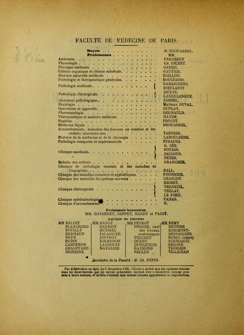 FACULTE DE MEDECINE DE LAIDS Doyen Professeurs Anatomie , Physiologie . . Physique médicale Chimie organique et chimie minérale Histoire naturelle médicale Pathologie et thérapeutique générales Pathologie médicale | Pathologie chirurgicale. . . j Anatomie pathologique Histologie Opérations et appareils Pharmacologie Thérapeutique et matière médicale Hygiène Médecine légale Accouchements, maladies des femmes eD couches et des enfants nouveaux-nés Histoire de la médecine et de la chirurgie Pathologie comparée et expérimentale . Gliniqun médicale. Maladie cfes enfants Clinique de pathologie mentale et des maladies de l’cncéphaie Clinique des maladies cutanées et syphilitiques Clinique des maladies du système nerveux t Clinique chirurgicale . Clinique ophthalmolognr Clinique d’accouchemenl P. M. BROUARDEL. MM. FARABEUF Ch. RICHET. GAR1EL GAUTIER. BAILLON. BOUCHARD. DAMASCHINO. D1EULAFOY GUYON. LANNELONGUE. CORNIL. Mathias DUVAL. DUPLAY. REGNAULD. HAYEM. PROUST. BROUARDEL. TARNIER. LABOULBÈNE. STRAUSS. G. SÉE. POTAIN. JACCOUD. PETER. GRANCHER. BALL. FOURNIER. CHARCOT. RICHET. VERNEUÎL. TRELAT. LE FORT. PANAS. N. Professeurs honoraires. MM. GAVARRET, SAPPEY, HARDY et PAJOT. Agrégés en exercice MM BALLET BLANCHARD BOUILLY BRISSAUD BRUN BUDIN CAMPENON CHAUFFARD DEJERINE • MM.HANOT HANRIOT HUT1NEL JALAGU1ER JOFFROY K1RM1SSON LANDOUZY MAYGR1ER MM.PEYROT POIRIER, chef des travaux anatomiques POUCHET QUENU QU1NQUAUD RAYMOND RECLUS MM.REMY REYNIER RIBEMONT- DESSAIGNES ROBIN (Albert) SCHWARTZ, SECOND TROISIER VILLEJEAN 3ecrétalre de la Faculté : M. Ch. PUPIN. Par délibération en date du 9 décembre 1798, l’École a arrèvé que les opinions émises dans les dissertations qui lui seront présentées doivent être considérées comme pro- pres à leurs auteur*, et au’elle n’entend leur donner aucune approbation ni improbation.