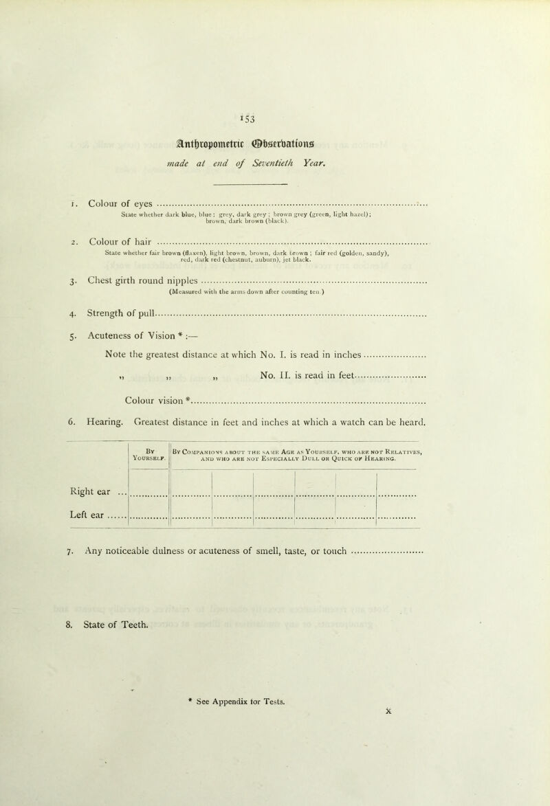 Anthropometric ©bscrbattons made at end of Seventieth Year. i. Colour of eyes State whether dark blue, blue ; grey, dark grey ; brown grey (green, light hazel); brown, dark brown (black). 2. Colour of hair State whether fair brown (flaxen), light brown, brown, dark brown ; fair red (golden, sandy), red, dark red (chestnut, auburn), jet black. 3. Chest girth round nipples (Measured with the arms down after counting ten.) 4. Strength of pull 5. Acuteness of Vision * :— Note the greatest distance at which No. I. is read in inches „ ,, „ No. II. is read in feet Colour vision * 6. Hearing. Greatest distance in feet and inches at which a watch can be heard. By Yourself. By Companions about the same Age asYoubself, who are not Relatives, AND WHO ARE NOT ESPECIALLY DULL OR QUICK OF HEARING. Right ear ... 1 I Left ear 1 ! 7. Any noticeable dulness or acuteness of smell, taste, or touch 8. State of Teeth. See Appendix tor Tests. X