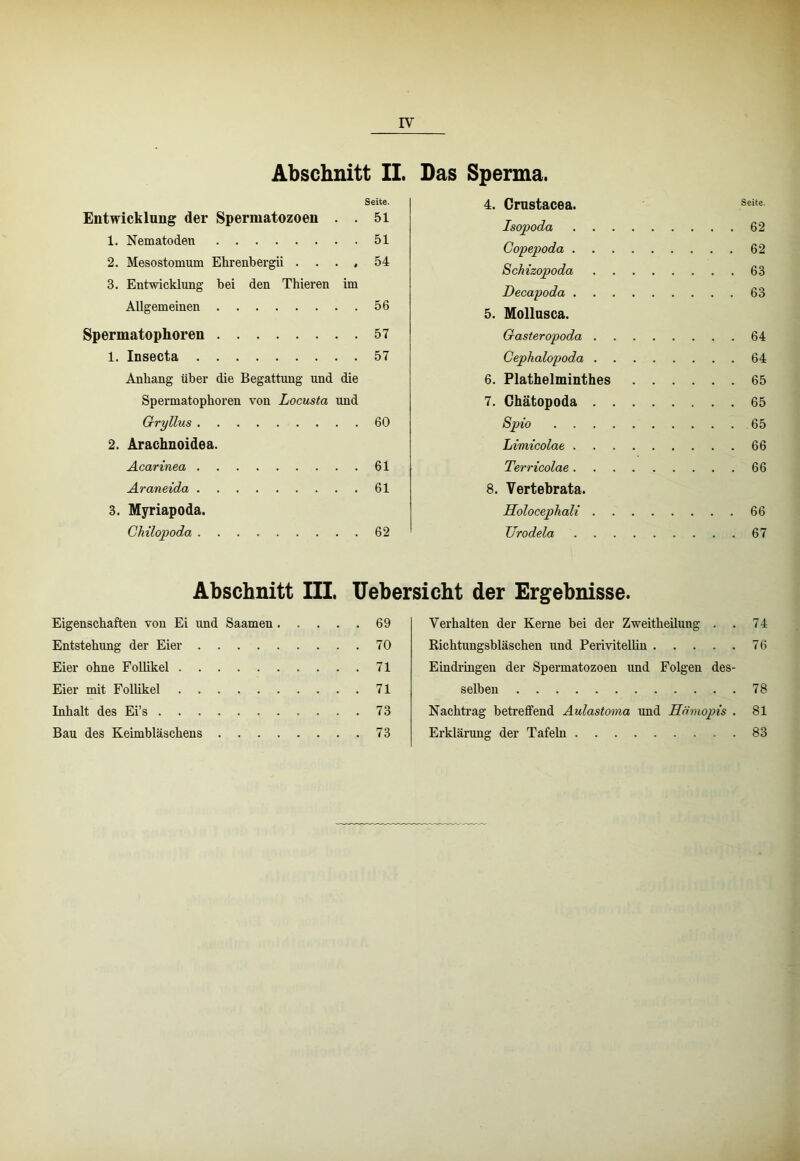 IV Abschnitt II. Seite. Entwicklung der Spermatozoen . . 51 1. Nematoden 51 2. Mesostomum Ehrenbergü .... 54 3. Entwicklung bei den Tbieren im Allgemeinen 56 Spermatophoren 57 1. Insecta 57 Anbang über die Begattung und die Spermatopboren von Locusta und Gryllus 60 2. Arachnoidea. Acarinea 61 Araneida 61 3. Myriapoda. CMlopoda 62 Das Sperma. 4. Grnstacea. Isopoda 62 Copepoda 62 ScMzopoda 63 Decapoda 63 5. Mollnsca. Gasteropoda 64 Cephalopoda 64 6. Plathelminthes 65 7. Ghätopoda 65 Spio 65 Limicolae 66 Terricolae 66 8. Vertebrata. Holocephali 66 Urodela 67 Abschnitt III. Uebersicht der Ergebnisse. Eigenschaften von Ei und Saamen 69 Entstehung der Eier 70 Eier ohne Follikel 71 Eier mit Folbkel 71 Inhalt des Ei’s 73 Bau des Keimbläschens 73 Verhalten der Kerne bei der Zweitbeilung . . 74 Richtungsbläschen und PeriviteUin 76 Eindringen der Spermatozoen und Folgen des- selben 78 Nachtrag betreffend Aulastoma und Hnmopis . 81 Erklärung der Tafeln 83