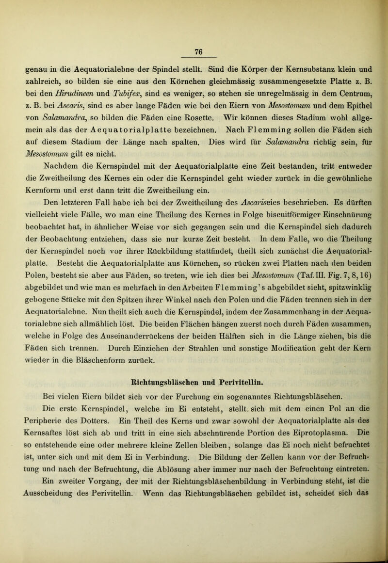 genau in die Aequatorialebne der Spindel stellt. Sind die Körper der Kernsubstanz klein und zahlreich, so bilden sie eine aus den Körnchen gleichmässig zusammengesetzte Platte z. B. bei den Hirudineen und Tubifex^ sind es weniger, so stehen sie unregelmässig in dem Centrum, z. B, bei Ascaris^ sind es aber lange Fäden wie bei den Eiern von Mesostomwm und dem Epithel von Salamandra, so bilden die Fäden eine Rosette. Wir können dieses Stadium wohl allge- mein als das der Aequatorialplatte bezeichnen. Nach Flemming sollen die Fäden sich auf diesem Stadium der Länge nach spalten. Dies wird für Salamandra richtig sein, für Mesostomum gilt es nicht. Nachdem die Kernspindel mit der Aequatorialplatte eine Zeit bestanden, tritt entweder die Zweitheilung des Kernes ein oder die Kernspindel geht wieder zurück in die gewöhnliche Kernform und erst dann tritt die Zweitheilung ein. Den letzteren Fall habe ich bei der Zweitheilung des .Ascameies beschrieben. Es dürften vielleicht viele Fälle, wo man eine Theilung des Kernes in Folge biscuitförmiger Einschnürung beobachtet hat, in ähnlicher Weise vor sich gegangen sein und die Kernspindel sich dadurch der Beobachtung entziehen, dass sie nur kurze Zeit besteht. In dem Falle, wo die Theilung der Kernspindel noch vor ihrer Rückbildung stattfindet, theilt sich zunächst die Aequatorial- platte. Besteht die Aequatorialplatte aus Körnchen, so rücken zwei Platten nach den beiden Polen, besteht sie aber aus Fäden, so treten, wie ich dies bei Mesostomum (Taf.lII, Fig. 7, 8,16) abgebildet und wie man es mehrfach in den Arbeiten Flemming’s abgebildet sieht, spitzwinklig gebogene Stücke mit den Spitzen ihrer Winkel nach den Polen und die Fäden trennen sich in der Aequatorialebne. Nun theilt sich auch die Kernspindel, indem der Zusammenhang in der Aequa- torialebne sich allmählich löst. Die beiden Flächen hängen zuerst noch durch Fäden zusammen, welche in Folge des Auseinanderrückens der beiden Hälften sich in die Länge ziehen, bis die Fäden sich trennen. Durch Einziehen der Strahlen und sonstige Modification geht der Kern wieder in die Bläschenform zurück. Richtungsbläschen und Perivitellin. Bei vielen Eiern bildet sich vor der Furchung ein sogenanntes Richtungsbläschen. Die erste Kernspindel, welche im Ei entsteht, stellt sich mit dem einen Pol an die Peripherie des Dotters. Ein Theil des Kerns und zwar sowohl der Aequatorialplatte als des Kernsaftes löst sich ab und tritt in eine sich abschnürende Portion des Eiprotoplasma. Die so entstehende eine oder mehrere kleine Zellen bleiben, solange das Ei noch nicht befruchtet ist, unter sich und mit dem Ei in Verbindung. Die Bildung der Zellen kann vor der Befruch- tung und nach der Befruchtung, die Ablösung aber immer nur nach der Befruchtung eintreten. Ein zweiter Vorgang, der mit der Richtungsbläschenbildung in Verbindung steht, ist die Ausscheidung des Perivitellin. Wenn das Richtungsbläschen gebildet ist, scheidet sich das