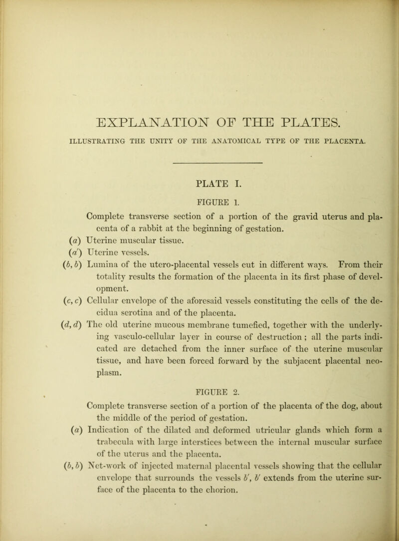 ILLUSTRATING THE UNITY OF THE ANATOMICAL TYPE OF THE PLACENTA. Complete transverse section of a portion of the gravid uterus and pla- centa of a rabbit at the beginning of gestation. (a) Uterine muscular tissue. (a) Uterine vessels. (6, d) Lumina of the utero-placental vessels cut in different ways. From their (d, d') The old uterine mucous membrane tumefied, together with the underly- ing vasculo-cellular layer in course of destruction ; all the parts indi- cated are detached from the inner surfiice of the uterine muscular {d) Indication of the dilated and deformed utricular glands which form a trabecula with large interstices between the internal muscular surface of the uterus and the placenta. ib,h) Net-work of injected maternal placental vessels showing that the cellular envelope that surrounds the vessels h\ V extends from the uterine sur- face of the placenta to the chorion. PLATE I. I FIGURE 1. totality results the formation of the placenta in its first phase of devel- opment. (c, c) Cellular envelope of the aforesaid vessels constituting the cells of the de- ? cidua serotina and of the placenta. \ tissue, and have been forced forward by the subjacent placental neo- plasm. FIGURE 2. Complete transverse section of a portion of the placenta of the dog, about J the middle of the period of gestation. I