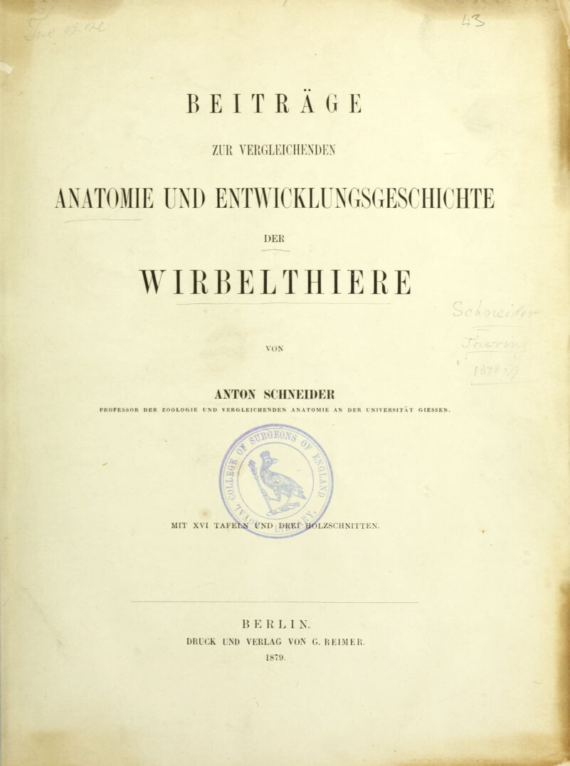• • BEITRAGE ZUR VERGLEICHENDEN DER WIRBELTHIEßE VON / ANTON SCHNEIDER PROFESSOR DER ZOOLOGIE UND VERGLEICHENDEN ANATOMIE AN DER UNIVERSITÄT GIESSEN. BERLIN. DRUCK UND VERLAG VON G. REIMER. 1879.