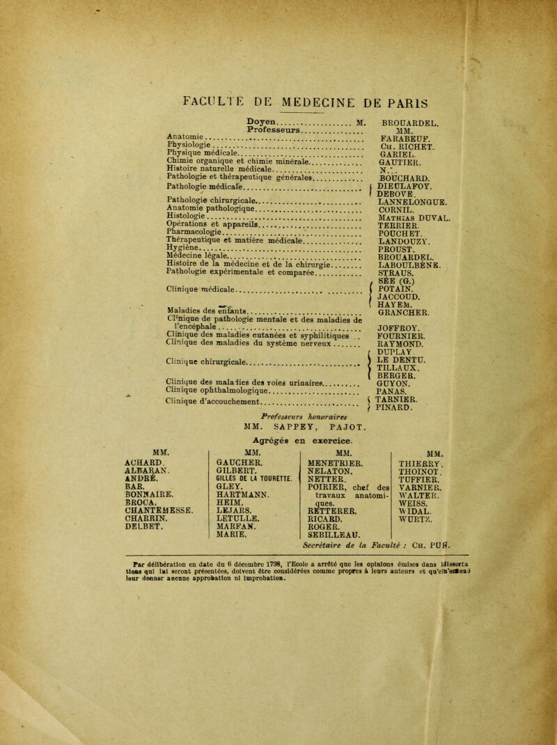 FACUL'IE DE MEDECINE DE PARIS Doyen M. Professeurs Anatomie ' ’ ' ' Physiologie Physique médicale Chimie organique et chimie minérale Histoire naturelle médicale Pathologie et thérapeutique générales !.!!!.! Pathologie médicale 0 Pathologie chirurgicale Anatomie pathologique Histologie Opérations et appareils Pharmacologie Thérapeutique et matière médicale Hygiène .!!!!!!! Médecine légale Histoire de la médecine et de la chirurgie Pathologie expérimentale et comparée Clinique médicale... Maladies des enfants CPnique de pathologie mentale et des maladies de l’encéphale Clinique des maladies cutanées et syphilitiques ... Clinique des maladies du système nerveux Clinique chirurgicale Clmique des maladies des voies urinaires Clinique ophthalmologique Clinique d’accouchement Profcsieurs honoraires BROÜARDEL. MM. FARABEÜF. Ch. RICHET. GARIEL, GAUTIER. N.:. BOUCHARD. DIEOLAFOY. DEBOVE. LANNELONGUE. CORNIL. Mathias DUVAL. TERRIER. POUCHET. LANDüUZY. PROUST. BROÜARDEL. LABOULBBNE. STRAUS. SÉE (G.) POT AIN. JACCOUD. HA Y EM. GRANCHER. JOFFROY. FOURNIER. RAYMOND. DUPI.AY LE DENTU. TILLAUX. BERGER. GUYON. PANAS. TARNIER. PINARD. MM. SAPPEY, PAJOT. Agrégés en exercice. MM. MM. MM. MM. ACHARD. GAUCHER. MENETRIER. THIERRY. ALBARAN, GILBERT. NELATON. THOINOT. andreT GILLES DE LA TOURETTE. NETTER. TUFFIER. BAR. GLEY. POIRIER, chef des VARNIER. BONNAIRE. HARTMANN. travaux anatomi- AYALTER. BROCA. HEIM, ques. WEISS. CHANTEMESSE. LEJAR8. RETTERER. WIDAL. CHARRIN. LETULLE. RICARD. WURTZ. DELBET. MARFAN. ROGER. MARIE. SEBILLEAU. Secrétaire de la Faculté : Ch. PDN. Par délibération en date du 6 décembre 1798, l'Ecole a arrêté qne les opinions émises dans idlsserta tlons qnl Ini seront présentées, doivent être considérées comme propres à lenrs auteurs et qn’ein’edlen j lanr donner anenne approbation ni improbation.