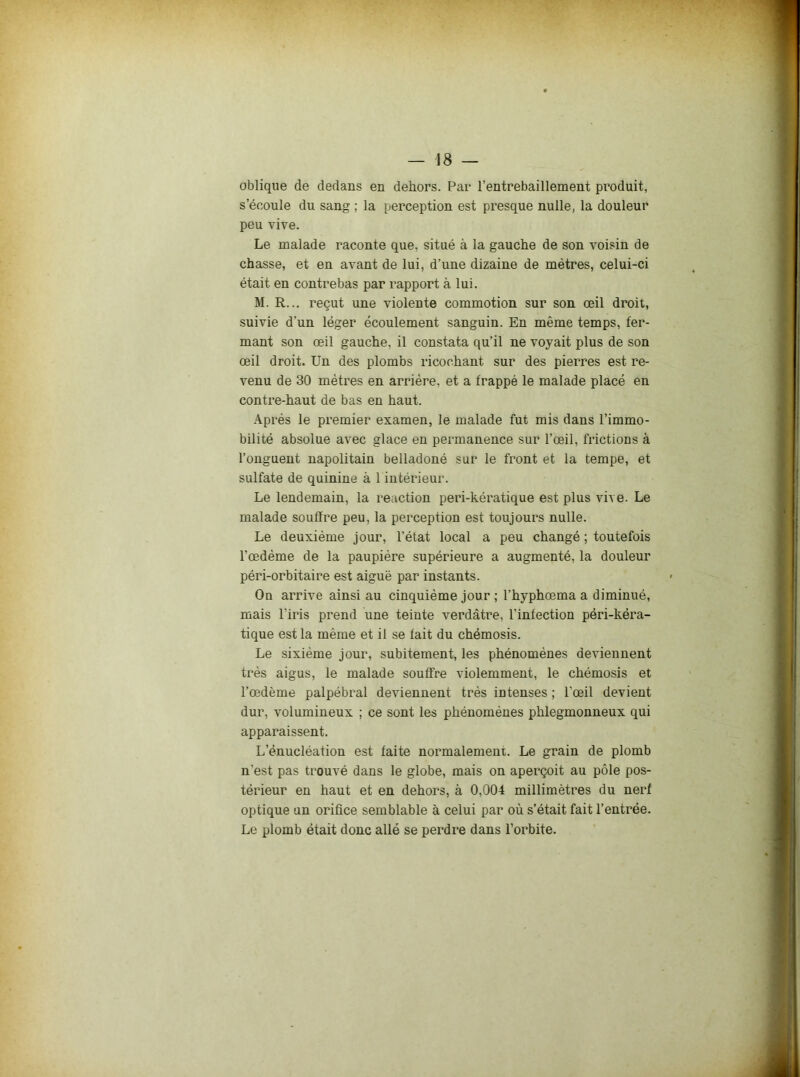 oblique de dedans en dehors. Par l’entrebâillement produit, s’écoule du sang ; la perception est presque nulle, la douleur peu vive. Le malade raconte que, situé à la gauche de son voisin de chasse, et en avant de lui, d’une dizaine de mètres, celui-ci était en contrebas par rapport à lui. M. R... reçut une violente commotion sur son œil droit, suivie d'un léger écoulement sanguin. En même temps, fer- mant son œil gauche, il constata qu’il ne voyait plus de son œil droit. Un des plombs ricochant sur des pierres est re- venu de 30 mètres en arrière, et a frappé le malade placé en contre-haut de bas en haut. Après le premier examen, le malade fut mis dans l’immo- bilité absolue avec glace en permanence sur l’œil, frictions à l’onguent napolitain belladoné sur le front et la tempe, et sulfate de quinine à 1 intérieur. Le lendemain, la reaction peri-hératique est plus vive. Le malade souffre peu, la perception est toujours nulle. Le deuxième jour, l’état local a peu changé ; toutefois l’œdème de la paupière supérieure a augmenté, la douleur péri-orbitaire est aiguë par instants. On arrive ainsi au cinquième jour ; l’hyphœma a diminué, mais l’iris prend une teinte verdâtre, l’infection péri-kéra- tique est la même et il se fait du chémosis. Le sixième jour, subitement, les phénomènes deviennent très aigus, le malade souffre violemment, le chémosis et l’œdème palpébral deviennent très intenses ; l'œil devient dur, volumineux ; ce sont les phénomènes phlegmonneux qui apparaissent. L’énucléation est faite normalement. Le grain de plomb n’est pas trouvé dans le globe, mais on aperçoit au pôle pos- térieur en haut et en dehors, à 0,004 millimètres du nerf optique un orifice semblable à celui par où s’était fait l’entrée. Le plomb était donc allé se perdre dans l’orbite.