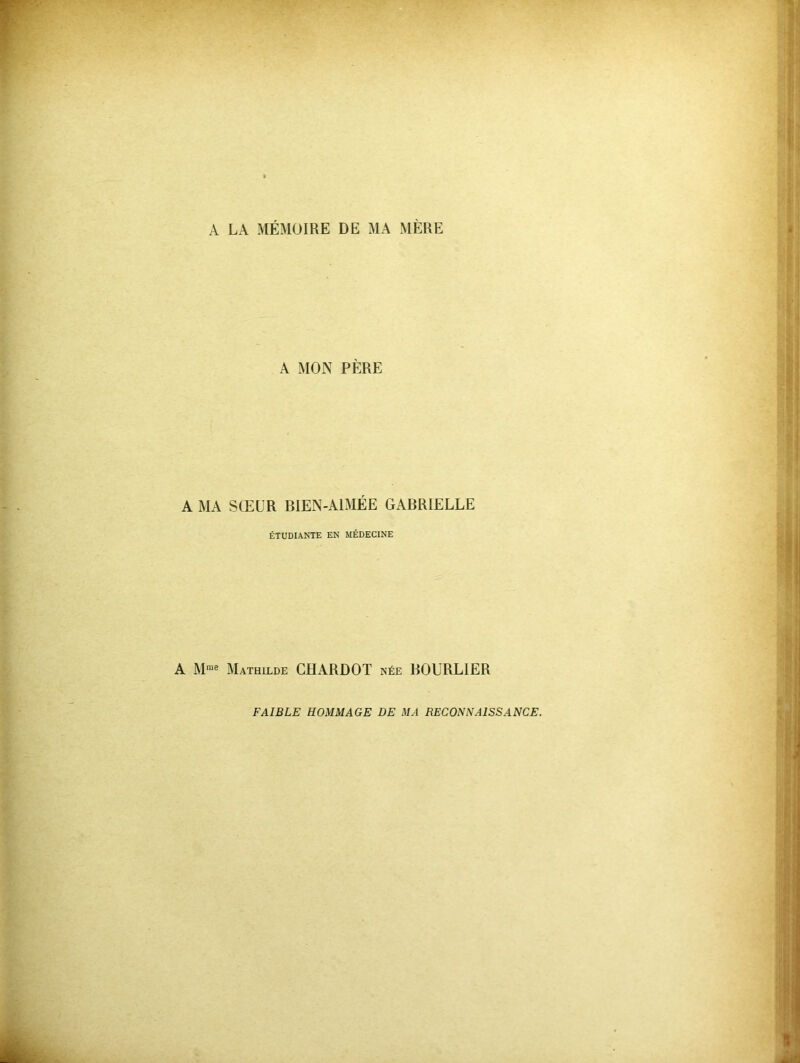 A LA MÉMOIRE DE MA MÈRE A MON PÈRE A MA SŒUR BIEN-A1MÉE GABRIELLE ÉTUDIANTE EN MÉDECINE A Mme Mathilde CHARDOT née BOURLIER FAIBLE HOMMAGE DE MA RECONNAISSANCE.