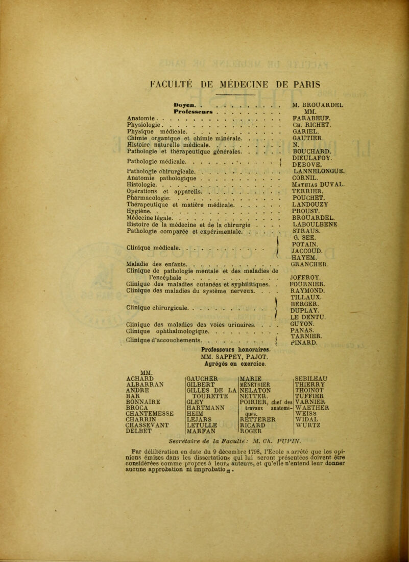 Uojrcii. . Professeurs Anatomie Physiologie . . . Physique médicale Chimie organique et chimie minérale Histoire naturelle médicale Pathologie et thérapeutique générales Pathologie médicale • | Pathologie chirurgicale Anatomie pathologique Histologie Opérations et appareils Pharmacologie Thérapeutique et matière médicale Hygiène Médecine légale Histoire de la médecine et de la chirurgie . . . . Pathologie comparée et expérimentale Clinique médicale | Maladie des enfants Clinique de pathologie mentale et des maladies de l’encéphale Clinique des maladies cutanées et syphilitiques. . Clinique des maladies du système nerveux. . . . Clinique chirurgicale. Clinique des maladies des voies urinaires. . . . Clinique ophthalmologique Clinique d’accouchements | Professeurs honoraires. MM. SAPPEY, PAJOT. Agrégés en exercice. M. BROUARDEL MM. FARABEUF. Ch. RICHET. GARIEL. GAUTIER. N. BOUCHARD. DIEULAFOY. DEBOVE. LANNELONGUE. CORNIL. Mathias DUVAL. TERRIER. POUCHET. LANDOUZY PROUST. BROUARDEL. LABOULBENE STRAUS. G. SEE. POTAIN. JACCOUD. HAYEM. GRANCHER. JOFFROY. FOURNIER. RAYMOND. TILLAUX. BERGER. DUPLAY. LE DENTU. GUYON. PANAS. TARNIER. PINARD. MM. ACHARD GAUCHER MARIE ALBARRAN GILBERT MÉNETIUER ANDRE GILLES DE LA NELATON BAR TOURETTE NETTER. BONNAIRE GLEY POIRIER, chef des BROCA HARTMANN travaux aaatomi- CHANTEMESSE HEIM ques. CHARRIN LE JARS RETTERER CHASSEVANT LETULLE RICARD DELBET MARFAN ROGER SEBILEAU THIERRY THOINOT TUFFIER VARNIER WAETHER WEISS WIDAL WURTZ Secrétaire de la Faculté : M. Ch. PUPIN. Par délibération en date du 9 décembre 1798, l’Ecole a arrêté que les opi- nions émises dans les dissertations qui lui seront présentées doivent être considérées comme propres à leurs auteurs, et qu’elle n’entend leur donner aucune approbation ni improbatio g .