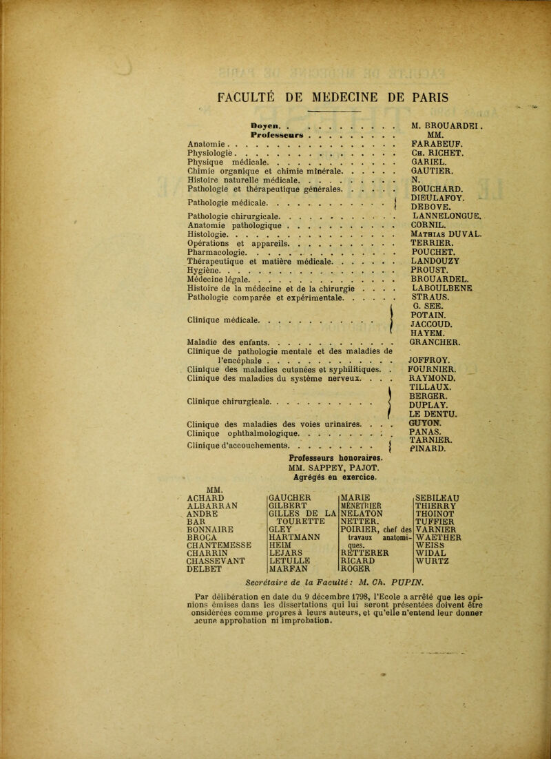 Doyen. . . . . . Professeurs , . . . Anatomie Physiologie Physique médicale Chimie organique et chimie minérale. Histoire naturelle médicale Pathologie et thérapeutique générales. Pathologie médicale Pathologie chirurgicale Anatomie pathologique Histologie Opérations et appareils Pharmacologie Thérapeutique et matière médicale Hygiène Médecine légale Histoire de la médecine et de la chirurgie . . . . Pathologie comparée et expérimentale Clinique médicale, Maladie des enfants Clinique de pathologie mentale et des maladies de l’encéphale Clinique des maladies cutanées et syphilitiques. . Clinique des maladies du système nerveux. . . . Clinique chirurgicale. Clinique des maladies des voies urinaires. . . . Clinique ophthalmologique . . Clinique d’accouchements | Professeurs honoraires. MM. SAPPEY, PAJOT. Agrégés eu exercice. M. BROUARDEI. MM. FARABEUF. Ch. RICHET. GARIEL. GAUTIER. N. BOUCHARD. DIEULAFOY. - DEBOVE. LANNELONGUE. CORNIL. Mathias DUVAL. TERRIER. POUCHET. LANDOUZY PROUST. BROUARDEL. LABOULBENE STRAUS. G. SEE. POTAIN. JACCOUD. HAYEM. GRANCHER. JOFFROY. FOURNIER. RAYMOND. TILLAUX. BERGER. DUPLAY. LE DENTU. GUYON. PANAS. TARNIER. PINARD. MM. ACHARD GAUCHER MARIE ALBARRAN GILBERT MÉNÉTRIER ANDRE GILLES DE LA NELATON BAR TOURETTE NETTER. BONNAIRE GLEY POIRIER, chef des BROCA HARTMANN travaux anatomi- CHANTEMESSE HEIM ques. CHARRIN LEJARS RETTERER CHASSEVANT LETULLE RICARD DELBET MARFAN ROGER SEBILEAU THIERRY THOINOT TUFFIER VARNIER WAETHER WEISS WIDAL WURTZ Secrétaire de la Faculté : M. Ch. PUPIN. Par délibération en date du 9 décembre 1798, l’Ecole a arrêté que les opi- nions émises dans les dissertations qui lui seront présentées doivent être onsidérées comme projires à leurs auteurs, et qu’elle n’entend leur donne? jeune approbation ni improbation.