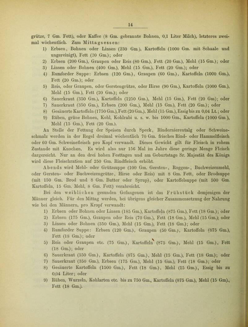 grütze, 7 Gm. Fett), oder Kaffee (8 Gm. gebrannte Bohnen, 0,1 Liter Milch), letzteres zwei- mal wöchentlich. Zum Mittags essen: 1) Erbsen, Bohnen oder Linsen (230 Gm.), Kartoffeln (1000 Gm. mit Schaale und ungereinigt), Fett (20 Gm.); oder 2) Erbsen (200 Gm.), Graupen oder Reis (80 Gm.), Fett (20 Gm.), Mehl (15 Gm.); oder 3) Linsen oder Bohnen (400 Gm.), Mehl (15 Gm.), Fett (20 Gm.); oder 4) Rumforder Suppe: Erbsen (120 Gm.), Graupen (60 Gm.), Kartoffeln (1000 Gm.), Fett (20 Gm.); oder 5) Reis, oder Graupen, oder Gerstengrütze, oder Hirse (90 Gm.), Kartoffeln (1000 Gm.), Mehl (15 Gm.), Fett (20 Gm.); oder 6) Sauerkraut (350 Gm.), Kartoffeln (1250 Gm.), Mehl (15 Gm.), Fett (20 Gm); oder 7) Sauerkraut (350 Gm.), Erbsen (200 Gm.), Mehl (15 Gm.), Fett (20 Gm.); oder 8) Gesäuerte Kartoffeln (1750 Gm.),Fett (20 Gm.), Mehl (15 Gm.), Essig bis zu 0,04 Lt.; oder 9) Rüben, grüne Bohnen, Kohl, Kohlrabi u. s. w. bis 1000 Gm., Kartoffeln (1000 Gm.), Mehl (15 Gm.), Fett (20 Gm.). An Stelle der Fettung der Speisen diu’ch Speck, Rindernierentalg oder Schweine- schmalz werden in der Regel dreimal wöchentlich 70 Gm. frisches Rind- oder Hammelfleisch oder 60 Gm. Schweinefleisch pro Kopf verwandt. Dieses Gewicht gilt für Fleisch in rohem Zustande mit Knochen. Es wird also nur 156 Mal im Jahre diese geringe Menge Fleisch dargereicht. Kur an den drei hohen Festtagen und am Geburtstage Sr. Majestät des Königs wird diese Fleischration auf 250 Gm. Rindfleisch erhöht. Abends wird Mehl- oder Grützsuppe (100 Gm. Gersten-, Roggen-, Buchweizenmehl, oder Gersten- oder Buchweizengrütze, Hirse oder Reis) mit 8 Gm. Fett, oder Brodsuppe (mit 150 Gm. Brod und 8 Gm. Butter oder Syrup), oder Kartoffelsuppe (mit 500 Gm. Kartoffeln, 15 Gm. Mehl, 8 Gm. Fett) verabreicht. Bei den weiblichen gesunden Gefangenen ist das Frühstück demjenigen der Männer gleich. Für den Mittag werden, bei übrigens gleicher Zusammensetzung der Nahrung wie bei den Männern, pro Kropf verwandt: 1) Erbsen oder Bohnen oder Linsen (185 Gm.), Kartoffeln (875 Gm.), Fett (18 Gm.); oder 2) Erbsen (175 Gm.), Graupen oder Reis (70 Gm.), Fett (18 Gm.), Mehl (15 Gm.); oder 3) Linsen oder Bohnen (350 Gm.), Mehl (15 Gm.), Fett (18 Gm.); oder 4) Rumforder Suppe: Erbsen (120 Gm.), Graupen (50 Gm.j, Kartoffeln (875 Gm.), Fett (18 Gm.); oder 5) Reis oder Graupen etc. (75 Gm.), Kartoffeln^ (875 Gm.), Mehl (15 Gm.), Fett (18 Gm.); oder 6) Sauerkraut (350 Gm.), Kartoffeln (875 Gm.), Mehl (15 Gm.), Fett (18 Gm.); oder 7) Sauerki’aut (350 Gm.), Erbsen (175 Gm.), Mehl (15 Gm.), Fett (18 Gm.); oder 8) Gesäuerte Kartoffeln (1500 Gm.), Fett (18 Gm.), Mehl (15 Gm.), Essig bis zu 0,04 Liter; oder 9) Rüben, Wurzeln, Kohlarten etc. bis zu 750 Gm., Kartoffeln (875 Gm.), Mehl (15 Gm)., Fett (18 Gm.).