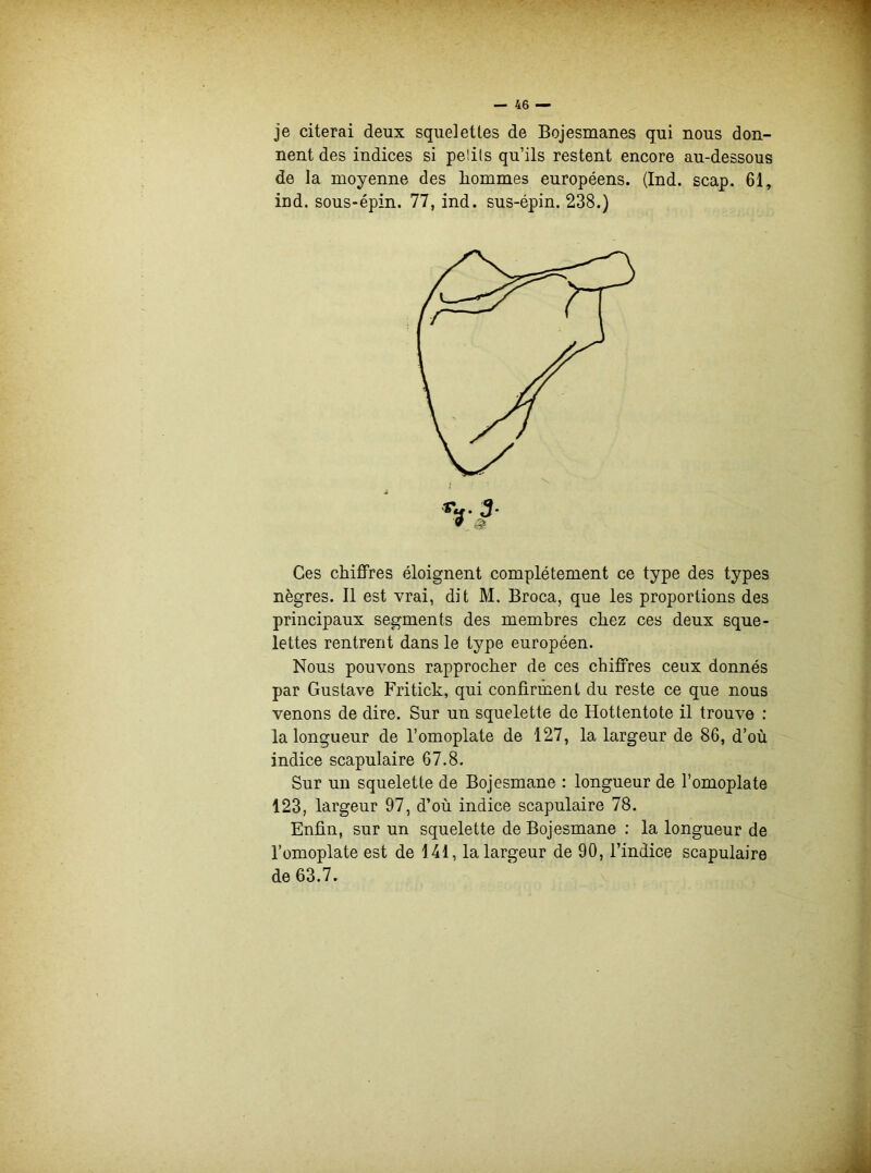 je citerai deux squelettes de Bojesmanes qui nous don- nent des indices si pe'.its qu’ils restent encore au-dessous de la moyenne des hommes européens. (Ind. scap. 61, ind. sous-épin. 77, ind. sus-épin. 238.) Ces chiffres éloignent complètement ce type des types nègres. Il est vrai, dit M. Broca, que les proportions des principaux segments des membres chez ces deux sque- lettes rentrent dans le type européen. Nous pouvons rapprocher de ces chiffres ceux donnés par Gustave Fritick, qui confirment du reste ce que nous venons de dire. Sur un squelette de Hottentote il trouve : la longueur de l’omoplate de 127, la largeur de 86, d’où indice scapulaire 67.8. Sur un squelette de Bojesmane : longueur de l’omoplate 123, largeur 97, d’où indice scapulaire 78. Enfin, sur un squelette de Bojesmane : la longueur de l’omoplate est de 141, la largeur de 90, l’indice scapulaire de 63.7.