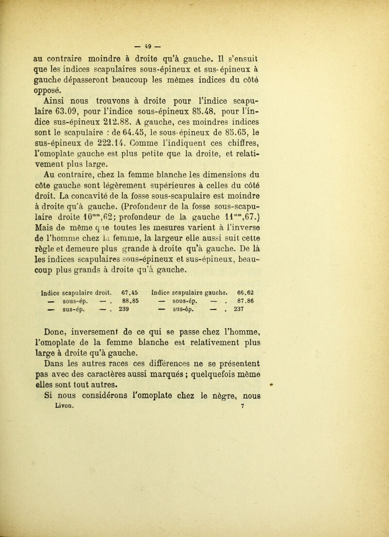 au contraire moindre à droite qu’à gauche. Il s’ensuit que les indices scapulaires sous-épineux et sus-épineux à gauche dépasseront beaucoup les mêmes indices du côté opposé. Ainsi nous trouvons à droite pour l’indice scapu- laire 63.09, pour l’indice sous-épineux 85.48, pour l’in- dice sus-épineux 212.88. A gauche, ces moindres indices sont le scapulaire : de 64.45, le sous-épineux de 85.65, le sus-épineux de 222.14. Comme l’indiquent ces chiffres, l’omoplate gauche est plus petite que la droite, et relati- vement plus large. Au contraire, chez la femme blanche les dimensions du côte gauche sont légèrement supérieures à celles du côté droit. La concavité de la fosse sous-scapulaire est moindre à droite qu’à gauche. (Profondeur de la fosse sous-scapu- laire droite 10mm,62; profondeur de la gauche llmm,67.) Mais de même q te toutes les mesures varient à l’inverse de l’homme chez la femme, la largeur elle aussi suit cette règle et demeure plus grande à droite qu’à gauche. De là les indices scapulaires sous-épineux et sus-épineux, beau- coup plus grands à droite qu’à gauche. Indice scapulaire droit. 67.45 Indice scapulaire gauche. 66.62 — sous-ép. — . 88.85 — sous*ép. — . 87.86 — sus-ép. — . 239 — sus-ép. — . 237 Donc, inversement de ce qui se passe chez l’homme, l’omoplate de la femme blanche est relativement plus large à droite qu’à gauche. Dans les autres races ces différences ne se présentent pas avec des caractères aussi marqués ; quelquefois même elles sont tout autres. Si nous considérons l'omoplate chez le nègre, nous Livon. 7