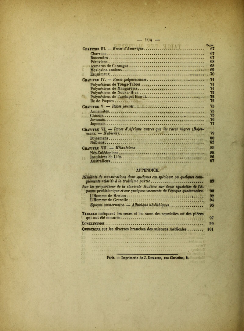 ' ' ' ( ' P»|6S. Chapitre III. — Rares d’Amérique 67 Charruas 67 Bolocudes 67 Péruviens 68 Avmaras de Carangas 68 Mexicains anciens. , 69 Esquimaux,, , , , , 70 Chapitre IV. — Races polynésiennes. 71 Polynésiens de Tonga-Tabou 71 Polynésiens de Mangarewa 71 Polynésiens de Nouka-Hiva 72 Polynésiens de l’archipel Hawaï 72 Ile de Pâques 72 Chapitrb V. — Rates jaunes 75 Annamites 75 Chinois 75 Javanais 76 Japonais 77 Chapitre VI. — Races d'Afrique autres que les races nègres (Bojes- mans. — Nubiens) 79 BojèsmanS 80 Nubiens 82 Chapitrb VII. — Mélanésiens. 85 Néo-Calédoniens 85 Insulaires de Lifu 86 Australiens 87 APPENDICE. Résultats de mensurations dans quelques cas spéciaux ou quelques com- pléments relatifs à la troisième partie 89 Sur les proportions de la clavicule étudiées sur deux squelettes de l'é- poque préhistorique et sur quelques ossements de l'époque quaternaire. 90 L’Homme de Menton 92 L’Homme de Grenelle 94 Epoque quaternaire. — Alluvions néolithiques 95 Tableaü indiquant les sexes et les races des squelettes ou des pièces qui ont été mesurés.. 97 Conclusions . 99 Questions sur les diverses branches des sciences médicales 101 io .; . !. V 2 'rrfBHr Paris. — Imprimerie de I. Dümaine, rue Christine, S.