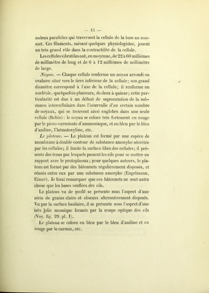 nuleux parallèles qui traversent la cellule de la base au som- met. Ces filaments, suivant quelques physiologistes, jouent un très grand rôle dans la contractilité de la cellule. Les cellules vibratiles ont, en moyenne, de 22 à 60 millièmes de millimètre de long et de 6 à 12 millièmes de millimètre de large. Noyau. — Chaque cellule renferme un noyau arrondi ou ovalaire situé vers le tiers inférieur de la cellule; son grand diamètre correspond à l’axe de la cellule; il renferme un nucléole, quelquefois plusieurs, de deux à quinze; cette par- ticularité est due à un défaut de segmentation de la sub- stance intercellulaire dans l’intervalle d’un certain nombre de noyaux, qui se trouvent ainsi englobés dans une seule cellule (Robin); le noyau se colore très fortement en rouge par le picru-carminate d’ammoniaque, et en bleu par le bleu d’aniline, l’hématoxyline, etc. Le plateau. — Le plateau est formé par une espèce de membrane à double contour de substance amorphe sécrétée par les cellules; il limite la surface libre des cellules; il pré- sente des trous par lesquels passent les cils pour se mettre en rapport avec le protoplasma; pour quelques auteurs, le pla- teau est formé par des bâtonnets régulièrement disposés, et réunis entre eux par une substance amorphe (Engelmann, Limer). Je ferai remarquer que ces bâtonnets ne sont autre chose que les bases renflées des cils. Le plateau vu de profil se présente sous l’aspect d’une série de grains clairs et obscurs alternativement disposés. Vu par la surface basilaire, il se présente sous l’aspect d’une très jolie mosaïque formée par la coupe optique des cils (Yoy. fig. 29, pl. I). Le plateau se colore en bleu par le bleu d’aniline et en rouge par le carmin, etc.