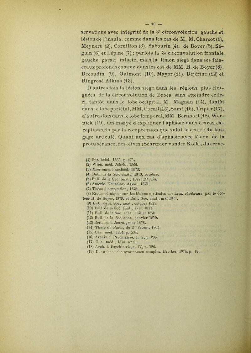 servations avec intégrité de la 3® circonvolution gauche et lésion de l’insula, comme dans les cas de M. M. Charcot (1), Mejnert (2), Cornillon (3), Sabourin (41, de Boyer (5), Sé- guin (6) et Lépine (7) ; parfois la 3® circonvolution frontale gauche paraît intacte, mais la lésion siège dans ses fais- ceaux profonds comme dans les cas de MM. H. de Boyer (8), Decoudin (9), Oulmont (10), Mayor (11), Déjérine (12) et Ringrosé Atkins (13). D’autres fois la lésion siège dans les régions plus éloi- gnées de la circonvolution de Broca sans atteindre celle- ci, tantôt dans le lobe occipital, M. Magnan (14), tantôt dans le lobe pari étal, MM. Cornil (15),Samt (16), Tripier (17), d’autres fois dans le lobe temporal, MM. Bernhart (18), Wer- nick (19). On essaye d’expliqrrer l’aphasie dans cescas ex- ceptionnels par la compression que subit le centre du lan- gage articulé. Quant aux cas d’aphasie avec lésion de la protubérance, desolives (Schrœder vander Kolk), du cerve- (1) Gsz. hebd., 1863, p. 473. (2) Wieu. méd. Jalirb., 1866. (3) Mouvement médical, 1872. (4) Bull, de la Soc. anat., 1876, octobre. (5) Bull, de la Soc. anat., 1877, l juin. (6) Americ. Neiirolog. Assoc., 1877. (7) Thèse d’agrégation, 1875. (8) Etudes cliniques sur les lésions corticales des hém. cérébraux, par le doc- teur H. de Boyer, 1879, et Bull. Soc. anat., mai 1877. (9) Bull, de la Soc. anat., octobre 1875. (10) Bull, de la Soc. anat., avril 1877. (11) Bull, de la Soc. anat., juillet 1876. (12) Bull, de la Soc. anat., janvier 1879. (13) Brit. med Journ., may 1878. (14) Thèse de Paris, du D'' Vivent, 1865. (15) Gaz. méd., 1864, p. 534. (16) Archiv. f. Psychiatrie, t. V, p. 205. (17) Gaz, méd., 1874, n» 2. (18) Arch. f. Psychiatrie, t. IV, p. 726. (19) Per aphasische symptomen complex. Breslau, 1874, p, 43.