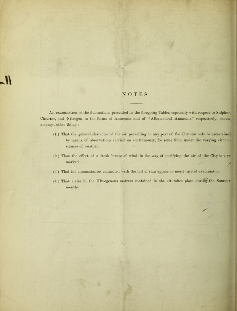 NOTES. An examination of the fluctuations pi’esented in the foregoing Tables, especially with respect to Sulphur,. Chlorine, and Nitrogeii in the forms of Ammonia and of “Albumenoid Ammonia” respectively, shows, amongst other things:— (1.) That the general character of the air prevailing in any part of the City can only be ascertained by means of observations carried on continuously, for some time, under the varying circum- stances of weather. (2.) That the effect of a fresh breeze of wind in the way of purifying the air of the City is very marked. (3.) That the cu-cumstances connected with the fall of rain appear to mei'it careful examination. (4.) That a rise in the ^Nitrogenous matters contained in the air takes place during the Summer months.
