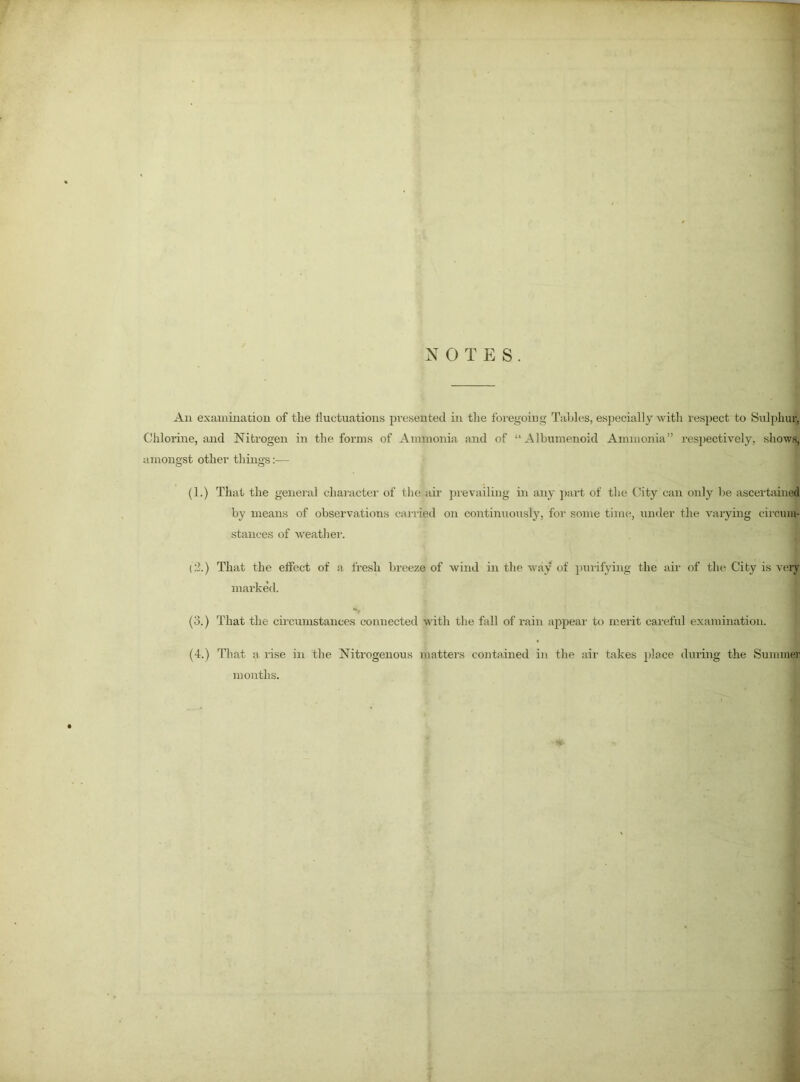 An examination of the fluctuations presented in the foregoing Tables, especially with respect to Sulphur, Chlorme, and Nitrogen in the forms of Ammonia and of “Albumenoid Ammonia” respectively, shows, amongst other things:— (1.) That the general character of the air j)revailing in any part of the City can only be ascertained by means of observations carried on continuously, for some time, under the varying circum- stances of w'eather. (2.) That the effect of a fresh breeze of wind in the way of })urifying the air of the City is very marked. (3.) That the cu-cumstances connected with the fall of rain appear tt) merit careful examination. (4.) That a. rise in the Nitrogenous matters contained in the air takes place during the Summer months.