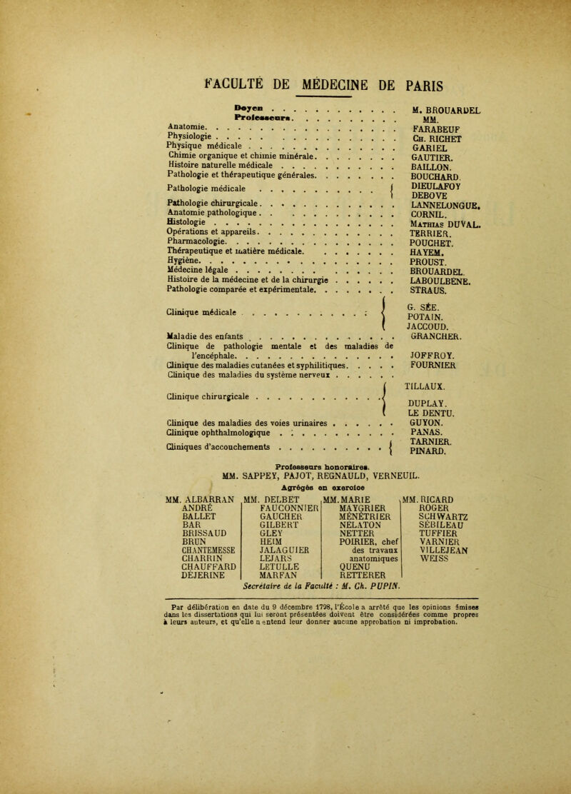 Doyen Professeur*. ... Anatomie Physiologie Physique médicale Chimie organique et chimie minérale. . Histoire naturelle médicale Pathologie et thérapeutique générales. . Pathologie médicale Pathologie chirurgicale Anatomie pathologique Histologie Opérations et appareils Pharmacologie Thérapeutique et matière médicale. Hygiène Médecine légale Histoire de la médecine et de la chirurgie Pathologie comparée et expérimentale. . Clinique médicale Maladie des enfants Clinique de pathologie mentale et des maladies de l'encéphale □inique des maladies cutanées et syphilitiques Clinique des maladies du système nerveux Clinique chirurgicale Clinique des maladies des voies urinaires Clinique ophthalmologique . ... . Cliniques d’accouchements M. BROUARDEL MM. FAHABEUF Ch. RICHET GAR1EL GAUTIER. BAILLON. BOUCHARD. DIEULAFOY DEBOVE LANNELONGUE. CORNIL. Mathias DUVAL. TERRIER. POUCHET. HAYEM. PROUST. BROUARDEL. LABOULBENE. STRAUS. G. SÉE. POTAIN. JACCOUD. GRANCHER. JOFFROY. FOURNIER TILLAUX. DUPLAY. LE DENTU GUYON. PANAS. TARNIER. PINARD. Professeurs honoraire*. MM. SAPPEY, PAJOT, REGNAULD, VERNEUIL. Agrégés en exeroloe MM. ALBARRAN MM. DELBET MM. MARIE MM. RICARD ANDRÉ FAUCONNIER MAYGRIER ROGER BALLET GAUCHER MÉNÉTRIER SCHWARTZ BAR GILBERT NÉLATON SÉBILEAU BR1SSAUD GLEY NETTER TUFFIER BRUN HE1M POIRIER, chef VARN1ER CHANTEMESSE JAJLAGUIER des travaux V1LLEJEAN CHARRIN LEJARS anatomiques WEISS CHAUFFARD LETULLE QUENU DÉJERINE MARFAN REITERER Secrétaire de La Faculté : M. Ch. P U PIN. Par délibération en date du 9 décembre 1798, l’École a arrêté que les opinions émises dans les dissertations qui lui seront présentées doivent être considérées comme propres • leurs auteurs, et qu’elle n entend leur donner aucune approbation ni improbation.