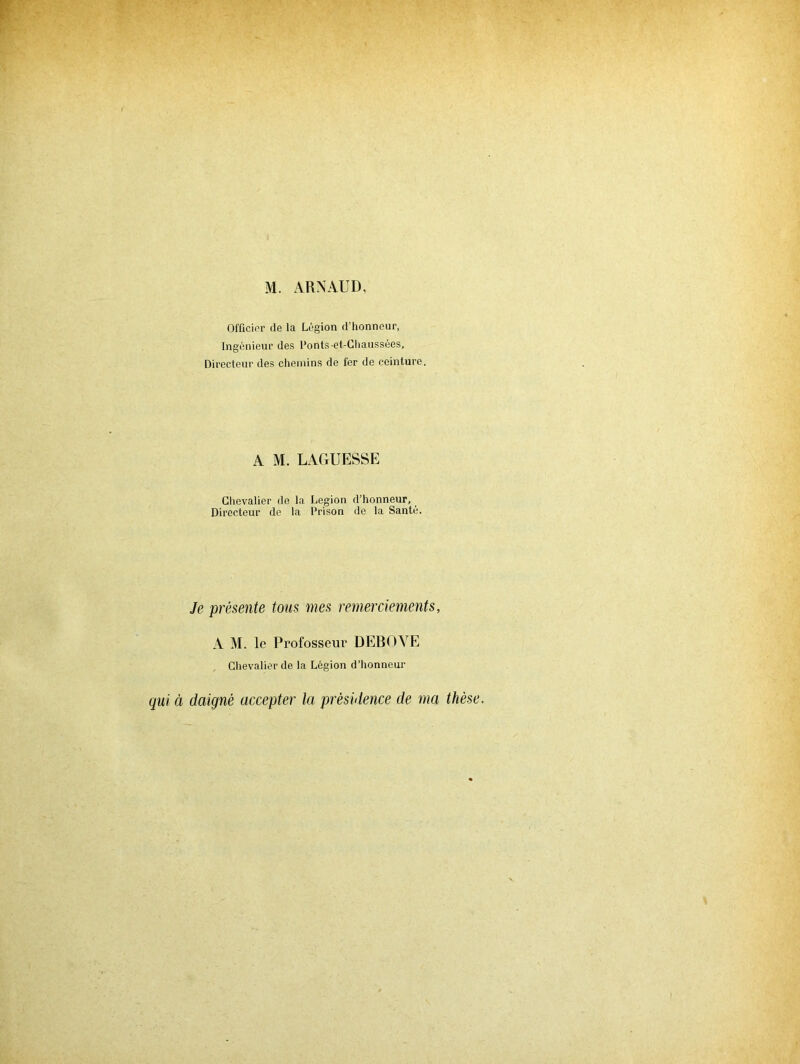 M. ARNAUD, Officior (le la Légion d’honneur, Ingiénieur des Ponts-et-Chaussées, Directeur des chemins de fer de ceinture. A M. LAGUESSE Chevalier de la Légion d’honneur. Directeur de la Prison de la Santé;. Je présente tous mes remerciements, A M. le Professeur DEBOVf] Chevalier de la Légion d’honneur qui à daigné accepter la présidence de ma thèse.