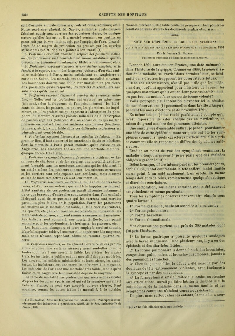 soit d’origine animale (brossiers, poils et crins, coiffeurs, etc.). Notre secrétaire général, M. Napias, a montré quels dangers faisaient courir aux ouvriers les poussières dures, de quelque nature qu’elles fussent, et il a montré comment on peut les en garer soit par la ventilation, soit par l’emploi de Teau. L’excel- lence de ce moyen de protection est prouvée par les courbes saisissantes que M. Napias a jointes à son travail (1). b. Professions exposant l'homme à respirer des poussières molles. — Ces professions sont généralement moins insalubres que les précédentes (meuniers, boulangers, filateurs, ramoneurs, etc.). 6. Professions exposant l'homme à une chaleur exagérée, à la fumée, à la vapeur, etc. — Les forgerons jouissent d’un état sani- taire satisfaisant à Paris, moins satisfaisant en Angleterre et surtout en Suisse. Les mécaniciens ont une mortalité moyenne. Les boulangers doivent sans doute leur mortalité un peu élevée aux poussières qu’ils respirent; les verriers et cristalliers aux substances qu’ils travaillent. 7. Professions exposant l’homme à absorber des substances nuisi- bles. — Telles sont les professions qui exposent au saturnisme (tels sont, selon la fréquence de l’empoisonnement ; les fabri- cants de limes, les peintres, les potiers, les plombiers, les impri- meurs, etc.), les professions qui exposent à l’absorption du phos- phore, du mercure et autres poisons minéraux ou à l’absorption de poisons végétaux (tobacconists), ou encore celles qui mettent l’homme en contact avec des matières corrompues (bouchers, tanneurs, etc.). La mortalité dans ces différentes professions est 4;énéralement considérable. 8. Professions exposant l'homme à la tentation de l’alcool. — En premier lieu, il faut classer ici les marchands de vin et hôteliers, dont la mortalité à Paris paraît moindre qu’en Suisse ou en Angleterre. Les brasseurs anglais ont une mortalité moindre, .quoique encore très élevée. 9. Professions exposant l'homme à de nombreux accidents. — Les mineurs de charbons et de fer auraient une mortalité extrême- ment favorable sans les nombreux accidents qui les déciment. 11 en est de même des pêcheurs sur mer. Les mineurs cornouans et les carriers sont très exposés aux accidents, mais d’autres causes de mort très actives élèvent leur mortalité. 10. Professions sédentaires. — Parmi elles, il en est de très favo- risées, et d’autres au contraire qui sont très frappées par la mort. L’état sanitaire de ces professions paraît dépendre notamment de ce que beaucoup d’entre elles sont exercées dans l’air confiné; il dépend aussi de ce que ceux qui les exercent sont recrutés parmi les plus faibles de la population. Parmi les professions sédentaires où la mortalité est faible, il faut citer les fruitiers, les épiciers, etc.; au contraire les marchands de nouveautés, les marchands de poisson, etc., sont soumis à une mortalité moyenne. Les tailleurs sont soumis à une mortalité élevée, qui paraît moindre pour les cordonniers, les horlogers, les graveurs, etc. Les banquiers, changeurs et leurs employés seraient soumis, d’après les quatre tables, à une mortalité supérieure à la moyenne, mais nous n’avons cependant admis ce résultat qu’avec ré- .serve. 10. Professions libérales. — En général l’exercice de ces profes- sions suppose une certaine aisance; aussi sont-elles presque toutes soumises à une mortalité faible. Les prêtres, les magis- trats, les instituteurs publics ont une mortalité des plus modérées. Les avocats, les officiers ministériels et leurs clercs, les archi- tectes, les ingénieurs, ont une mortalité inférieure à la moyenne. Les médecins de Paris ont une mortalité très faible, tandis qu’en Suisse et en Angleterre leur mortalité dépasse la moyenne. La table de mortalité par professions que nous avons calculée d’après les documents parisiens, et qui est la première qui ait été faite en France, ne peut être acceptée qu’avec réserve, étant soumise, comme les autres tables de mortalité, à de notables <(1) H. Napias. Note sur les poussières industrielles. Principes d’assai- •nissement des industries à poussières. [Bull, de la Soc. industrielle de Rouen, 1884 ) chances d’erreur. Cette table confirme presque en tout points les résultats obtenus d’après les documents anglais et suisses. NOTE SUR L’ÉPIDÉMIE DE GRIPPE OU INFLUENZA QUI A SÉVI A ANGERS PENDANT LES MOIS d’OCTOBRE ET DE NOVEMBRE 1891 Par le docteur E. Briand, Professeur suppléant à l’École de médecine d'Angers. L’année 1891 aura été, en France, une date mémorable dans l’histoire de la grippe. Comme en 1889, la généralisa- tion de la maladie, sa gravité dans certains lieux, sa béni- gnité dans d’autres frapperont les observateurs futurs. Dans ces circonstances, n’est-il pas utile que les méde- cins d’aujourd’hui apportent pour l’histoire de l’avenir les quelqües matériaux qu’ils ont en leur possession? Ne doit- on pas tout au moins faire œuvre de bonne volonté? Voilà pourquoi j’ai l’intention d’exposer ici le résultat de mes observations (1) personnelles dans la ville d'Angers, pendant les mois d’octobre et de novembre 1891. En même temps, je me rends parfaitement compte qu’il m’est impossible de citer chaque cas en particulier, en raison du grand nombre des personnes atteintes. Une simple vue d’ensemble suffira, je pense, pourdonner une idée de cette épidémie, montrer quels ont été les sym- ptômes communs, quels caractères particuliers elle a pris et comment elle se rapporte ou diffère des épidémies anté- rieures. Étudiée au point de vue des symptômes communs, la maladie a toujours présenté (je ne parle que des malades obligés à garder le lit) : Début brusque, fièvre intense pendant les premiers jours, céphalalgie, tantôt embrassant la tête entière, tantôt limitée en un point, à un côté seulement, à un orbite. En même temps douleurs de reins, vomissements, quelquefois colique et diarrhée; courbature. L’expectoration, nulle dans certains cas, a été souvent sanguinolente et même purulente. Tous les symptômes observés peuvent être classés sous quatre formes : 1® Forme gastrique, seule ou associée à la suivante; 2“ Forme pulmonaire ; 3° Forme nerveuse; 4“ Forme rhumatismale. Mes observations portent sur près de 300 malades dont j’ai pris l’histoire. 1® La forme gastrique a présenté quelques analogies avec la fièvre muqueuse. Dans plusieurs cas, il y a eu des épistaxis et des diarrhées fétides. 2® La forme pulmonaire a donné lieu à des bronchites, congestions pulmonaires et broncho-pneumonies, jamais à des pneumonies franches. 3® Chez des jeunes filles le début a été marqué par des douleurs de tête extrêmement violentes, avec tendance à la syncope et par des convulsions. 4® La forme rhumatismale limitée aux lombes ou étendue aux articulations, aurait pu faire hésiter le diagnostic si la coïncidence de la maladie dans la même famille et les symptômes communs n’étaient venus nous éclairer. De plus, mais surtout chez les enfants, la maladie a sou- (1) Je ne fais allusion qu’à mes malades.