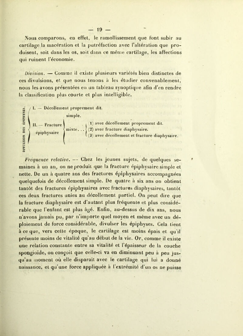 Nous comparoDS, eu effet, le ramollissement que font subir au cartilage la macération et la putréfaction avec l’altération que pro- duisent, soit dans les os, soit dans ce même cartilage, les affections qui ruinent l’économie. Division. — Comme il existe plusieurs variétés bien distinctes de ces divulsions, et que nous tenons à les étudier convenablement, nous les avons présentées en un tableau synoptique afin d’en rendre la classification plus courte et plus intelligible. en / 1. — Décollement proprement dit. Fréquence relative. — Chez les jeunes sujets, de quelques se- maines à un an^ on ne produit que la fracture épiphysaire simple et nette. De un à quatre ans des fractures épiphysaires accompagnées quelquefois de décollement simple. De quatre à six ans on obtient tantôt des fractures épiphysaires avec fractures diaphysaires, tantôt ces deux fractures unies au tlécollement partiel. On peut dire que la fracture diaphysaire est d’autant plus fréquente et plus considé- rable que l’enfant est plus âgé. Enfin, au-dessus de dix ans, nous n’avons jamais pu, par n’importe quel moyen et même avec un dé- ploiement de force considérable, divulser les épiphyses. Cela tient à ce que, vers cette époque, le cartilage est moins épais et qu’il présente moins de vitalité qu’au début de la vie. Or, comme il existe une relation constante entre sa vitalité et l’épaisseur de la couche spongioïde, ou conçoit que celle-ci va en diminuant peu à peu jus- qu’au aïomenl où elle disparaît avec le cartilage qui lui a donné naissance, et qu’une force appliquée à l’extrémité d’un os ne puisse 11. — Fracture épiphysaire simple. 1(1) avec décollemeul proprement dit. (2) avec fracture diaphysaire. (3) avec décollement et fracture diaphysaire. ► a