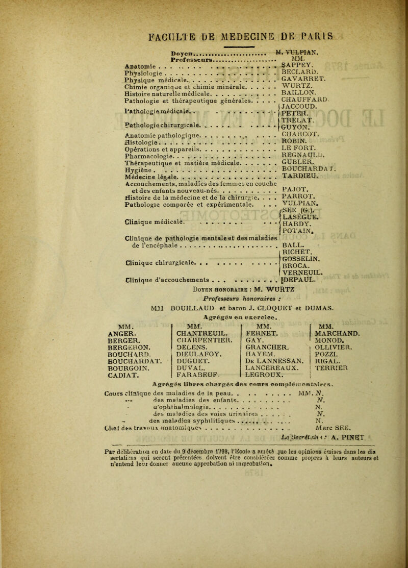FACULTE DE MEDECINE DE PAlllS Doyen M. VULPIAN. Profossienrs MM. Anatomie ÇAPPEY. Physiologie BECLARD. Physique médicale GAVARRET. Chimie organique et chimie minérale WÜRTZ. Histoire naturelle médicale BAILLON. Pathologie et thérapeutique générales. T . . . CHAUFFARD. , , . , JACCOUD. Pathologie medicale. . . ......... pETER T, . . . , TRELAT. Pathologie chirurgicale GUYON. Anatomie pathologique , CHAPiCOI. Histologie.......... ROBIN. Opérations et appareils LE FORT. Pharmacologie REGNAÜLD, Thérapeutique et matière médicale GUBLER. Hygiène. BOUCHARDAI. Médecine légale . TARDIEU. Accouchements, maladies des femmes en couche et des enfants nouveau-nés PAJOT. Histoire de la médecine et de la chirurgie. . . . PARROT. Pathologie comparée et expérimentale. . . . VULPIAN, i'SEE (G,). , Ilasèguk. Clinique medicale. . ' ’ HARDY. Clinique de pathologie mentale et des maladies de l’encéphale [ POT AIN, BALL. Clinique chirurgicale. . . Clinique d’accouchements ( RICHET, ) GOSSELIN. BROCA. ( VERNEUIL. IDEPAUL. Doyen honoraibe ; M. WURTZ Professeurs honoraires ; MM BOUILLAUD et baron J. CLOQUET et DUMAS. Agrégés ea eaercsoe. MM. MM. MM. MM, ANGER. CHANTREUIL. FERNET. MARCHAND. BERGER. CHÀHPENTIER. GAY. MONOD. BERGEBON, OELENS. GRANCHER. OLLIVIER. bouchard. DIEULAFOY. H.AYEM. POZZI. bouchahdat. DUGUET. De LANNESSAN. RIGAL. BOURGOIN. DUVAL. LANCEREAUX. TERRIER CADIAT. FARABEUF, LEGROUX. Agrégés libres chargés des coups complémcntaîrcs, Cours clinique des maladies de ia peau MM, N. Hes maladies des enfants. N. u'ophthalmologie .... N. des maladies des voies urinaires ...... N. de» maladies syphilitiques N. Chef des tra.vnun anatomiques Marc SEE. La'tiecrétMy ^ .* A. PINET Par délibératicui en date du 9 décembre 1798, l'Ecole a .juo les opinions émises dans les dis sertatiens qui scrciit présentées doivent être considérées comme propres ^ leurs auteurs et n’entend leur donner aucune approbation ni improbation.