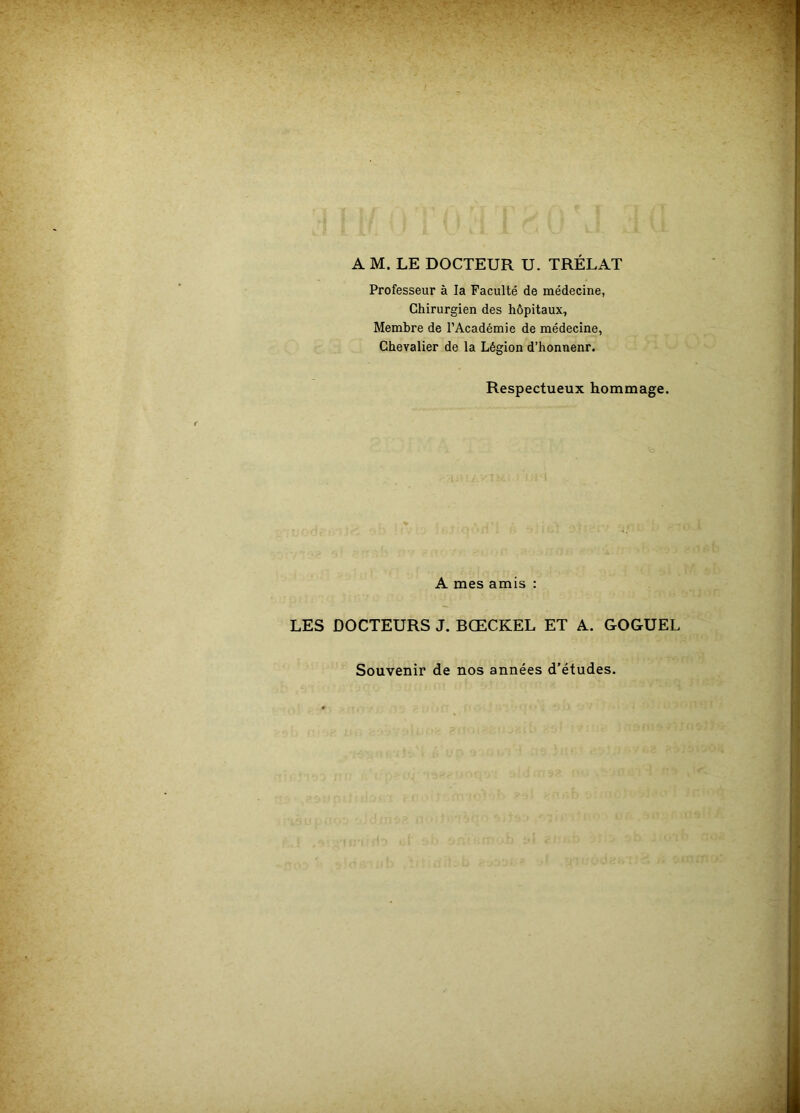 A M. LE DOCTEUR U. TRÉLAT Professeur à la Faculté de médecine, Chirurgien des hôpitaux. Membre de l’Académie de médecine, Chevalier de la Légion d’honnenr. Respectueux hommage. A mes amis : LES DOCTEURS J. BŒCKEL ET A. GOGUEL Souvenir de nos années d’études.