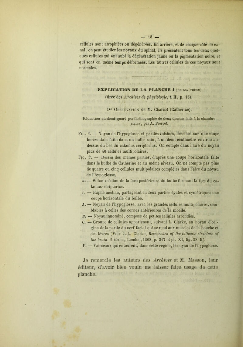 cellules sont atrophiées ou dégénérées. En arrière, et de chaque côté du ca- nal, on peut étudier les noyau.v du spinal, ils présentent tous les deux quel- ques cellules qui ont subi la dégéuération jaune ou la pigmentation noire, et qui sont en même temps déformées. Les autres cellules de ces noyaux sont normales. EXPLICATION DE LA PLANCHE I (de ma thèse) (tirée des Archives de physiologie, t. Il, p. 13). 1''^ Observation de M. Charcot (Catherine). Réduction au demi-quart par l’héliographie de deux dessins faits à la chambre claire, par A. Pierret. Fig. 1. — Noyau de l’hypoglosse et parties voisines, dessinés sur une coupe horizontale faite dans un bulbe sain, à un demi-centimètre environ au- dessus du bec du calamus scriptorius. On compte dans l’aire du noyau plus de 40 cellules multipolaires. Fig. 2. — Dessin des mêmes parties, d’après une coupe horizontale faite dans le bulbe de Catherine et au même niveau. On ne compte pas plus de quatre ou cinq cellules multipolaires complètes dans l’aire du noyau de l’hypoglosse. a. — Sillon médian de la face postérieure du bulbe formant la tige du ca- lamus-scriptorius. r. — Raphé médian, partageant en deux parties égales et symétriques une coupe horizontale du bulbe. A. — Noyau de l’hypoglosse, avec les grandes cellules multipolaires, sem- blables à celles des cornes antérieures de la moelle. B. — Noyau innominé, composé de petites cellules arrondies. C. — Groupe de cellules appartenant, suivant L. Clarke, au noyau d’ori- gine delà partie du nerf facial qui se rend aux muscles de la bouche et des lèvres (Voir J.-L. Clarke, Researches of the iniimatc structure of the brain. 2 séries, London, 1868, p. 317 et pl. XI, fig. 38, K). V. — Vaisseaux qui entourent, dans cette région, le noyau de l’hypoglosse. Je remercie les auteurs des Archives et M. Masson, leur éditeur, d’avoir bien voulu me laisser faire usage de cette planche.
