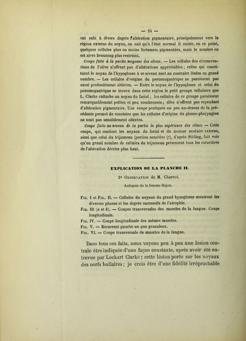 ont subi à divers degrés faltération pigmentaire, principalement vers la région externe du noyau, on sait qu’à l’état normal il existe, en ce point, quelques cellules plus ou moins fortemeni pigmentées, mais le nombre en est alors beaucoup plus restreint. Coupe faite à la partie moyenne des olives. — Les cellules des circonven- tions de l’olive n’offrent pas d’altérations appréciables ; celles qui consti- tuent le noyau de l’hypoglosse à ce niveau sont au contraire lésées en grand nombre. — Les cellules d’origine du pneumogastrique ne paraissent pas aussi profondément altérées. — Entre le noyau de l’hypoglosse et celui du pneumogastrique se trouve dans cette région le petit groupe cellulaire que L. Clarke rattache au noyau du facial ; les cellules de ce groupe paraissent remarquablement petites et peu nombreuses; elles n’offrent pas cependant d’altération pigmentaire. Une coupe pratiquée un peu au-dessus de la pré- cédente permet de constater que les cellules d’origine du glosso-pbaryngien ne sont pas sensiblement altérées. Coupe faite au niveau de la partie la plus supérieure des olives. — Cette coupe, qui contient les noyaux du facial et du moteur oculaire externe, ainsi que celui du trijumeau (portion sensitive (V), d’après Stilling, fait voir qu’un grand nombre de cellules du trijumeau présentent tous les caractères de l’altération décrite plus haut. EXPLICATIOIV DE LA PLANCHE II. 2e Observation de M. Charcot. Autopsie de la femme Bajou. Fig. I et Fig. IL — Cellules du noyaux du grand hypoglosse montrant les diverses phases et les degrés successifs de l’atrophie. Fig. lli (a et b), — Coupes transversales des muscles de la langue. Coupe longitudinale. Fig. IV. — Coupe longitudinale des mêmes muscles. Fig. V. — Récurrent gauche un peu granuleux. Fig. YL — Coupe transversale de muscles de la langue. Dans tous ces faits, nous voyons peu à peu une lésion cen- trale être indiquée d’une façon constante, après avoir été en- trevue par Lockart Clarke ; cette lésion porte sur les noyaux des nerfs bullaires ; je crois être d’une fidélité irréprochable