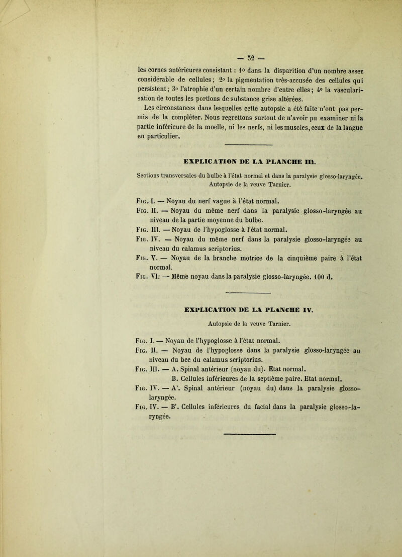 les cornes antérieures consistant : 1<> dans, la disparition d’un nombre asseï considérable de cellules; 2» la pigmentation très-accusée des cellules qui persistent ; 3<> l’atrophie d’un certain nombre d’entre elles ; 4“ la vasculari- sation de toutes les portions de substance grise altérées. Les circonstances dans lesquelles cette autopsie a été faite n’ont pas per- mis de la compléter. Nous regrettons surtout de n’avoir pu examiner ni la partie inférieure de la moelle, ni les nerfs, ni les muscles, ceux de la langue en particulier. EXPL.ICATIOIX DE EA PLANCHE Ili. Sections transversales du bulbe à l’état normal et dans la paralysie glosso-laryngée. Autopsie de la veuve Tarnier. Fig. I. — Noyau du nerf vague à l’état normal. Fig. il — Noyau du même nerf dans la paralysie glosso-laryngée au niveau de la partie moyenne du bulbe. Fig. III. —Noyau de l’hypoglosse à l’état normal. Fig. IV. — Noyau du même nerf dans la paralysie glosso-laryngée au niveau du calamus scriptorius. Fig. V. — Noyau de la branche motrice de la cinquième paire à l’état normal. Fig. VI; — Même noyau dans la paralysie glosso-laryngée. 100 d. EXPLICATION DE LA PLANCHE IV. Autopsie de la veuve Tarnier. Fig. I. — Noyau de l’hypoglosse à l’état normal. Fig. il — Noyau de l’hypoglosse dans la paralysie glosso-laryngée au niveau du bec du calamus scriptorius. Fig. 111. — A. Spinal antérieur (noyau du). Etat normal. B. Cellules inférieures de la septième paire. Etat normal. Fig. IV. — A’. Spinal antérieur (noyau du) dans la paralysie glosso- laryngée. Fig. IV. — B’. Cellules inférieures du facial dans la paralysie glosso-la- ryngée.