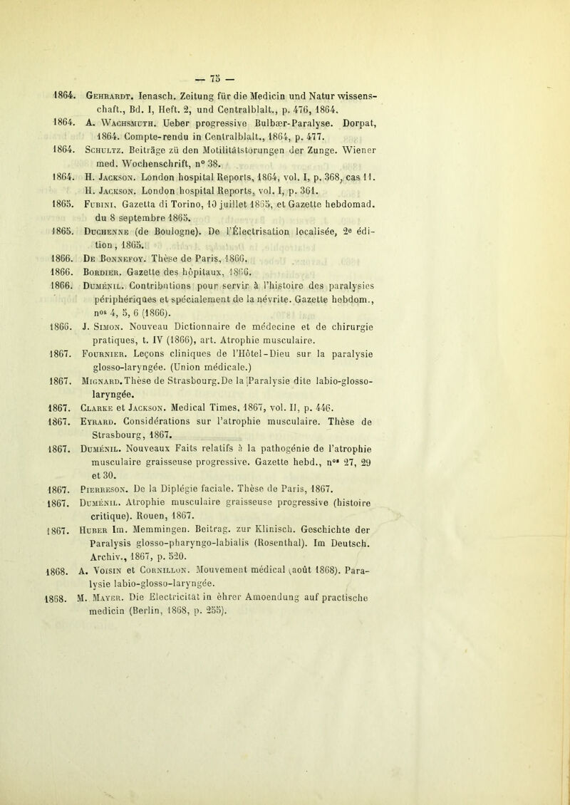 — 70 — 1864. Gehrardt. lenasch, Zeitung für die Medicin und Natur wissens- chaft., Bd. I, Heft. 2, und Centralblalt., p. 476, 1864. 1864. A. Wachsjviüth. Ueber progressive Bulbær-Paralyse. Dorpat, 1864. Compte-rendu in Centralblalt., 1864, p. 477. 1864. ScHULTz. Beitiâge zü den Jlotilitâtstürungen der Zunge. Wiener med. Wochenschrift, n® 38. 1864. H. Jackson. London hospital Reports, 1864, vol. I, p. 368, cas 11. H. Jackson. London hospital Reports, vol. I, p. 361. 1865. Fubini. Gazetta di Torino, 10 juillet 1865, et Gazette hebdomad. du 8 septembre 1865. •1865. Düchenne (de Boulogne). De l’Électrisation localisée, 2® édi- tion , 1865. 1866. De Bonnefoy. Thèse de Paris, 1866. 1866. Bordier. Gazette des hôpitaux, 1866. 1866. Duménil. Contributions pour servir à Thistoire des paralysies périphériques et spécialement de la névrite. Gazette hebdom., nos 4^ 0 (1866). 1866. J. Simon. Nouveau Dictionnaire de médecine et de chirurgie pratiques, t. IV (1866), art. Atrophie musculaire. 1867. Fournier. Leçons cliniques de l’Hôtel-Dieu sur la paralysie glosso-laryngée. (Union médicale.) 1867. Mignard. Thèse de Strasbourg.De la (Paralysie dite labio-glosso- laryngée. 1867. Clarke et Jackson. Medical Times, 1867, vol. Il, p. 446. 1867. Evrard. Considérations sur l’atrophie musculaire. Thèse de Strasbourg, 1867. 1867. Duménil. Nouveaux Faits relatifs è la pathogénie de l’atrophie musculaire graisseuse progressive. Gazette hebd., n* 27, 29 et 30. 1867. PiERRESON. De la Diplégie faciale. Thèse de Paris, 1867. 1867. Duménil. Atrophie musculaire graisseuse progressive (histoire critique). Rouen, 1867. 1867. Huber Im. Memmingen. Beitrag. zur Klinisch. Geschichte der Paralysis glosso-pharyngo-labialis (Rosenthal). Im Deutsch. Archiv., 1867, p. 520. 1868. A. Voisin et Counillon. Mouvement médical ^août 1868). Para- lysie labio-glosso-laryngée. 1868. M. M.AYER. Die Electricitat in èhrer Amoendung auf practische medicin (Berlin, 1868, p. 255).