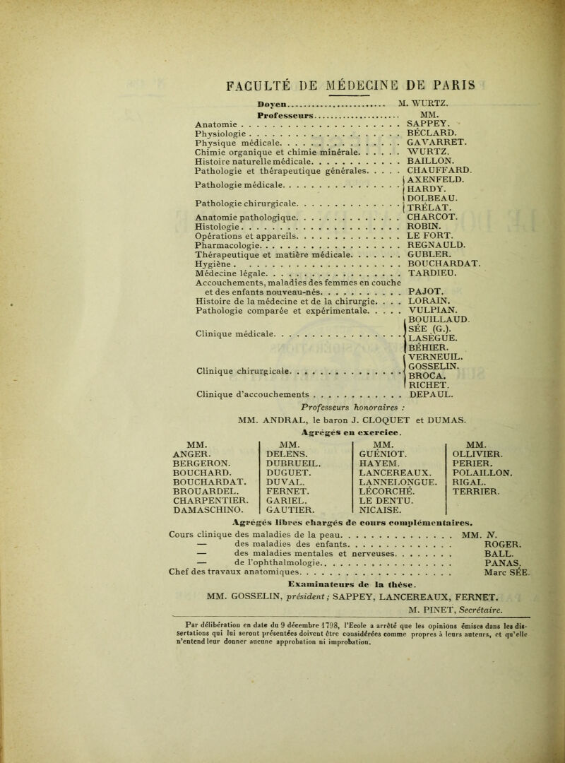 FACULTÉ DE MÉDECINE DE PARIS Doyen M. WURTZ. Professeurs MM. Anatomie Physiologie Physique médicale Chimie organique et chimie minérale Histoire naturelle médicale Pathologie et thérapeutique générales Pathologie médicale Pathologie chirurgicale Anatomie pathologique Histologie Opérations et appareils Pharmacologie Thérapeutique et matière médicale Hygiène Médecine légale Accouchements, maladies des femmes en couche SAPPEY. BÉCLARD. GAVARRET. WURTZ. BAILLON. CHAUFFARD. AXENFELD. HARDY. DOLBEAU. TRÉLAT. CHARCOT. ROBIN. LE FORT. REGNA ULD. GUBLER. BOUCHARDAT. TARDIEU. et des enfants nouveau-nés Histoire de la médecine et de la chirurgie. Pathologie comparée et expérimentale. . Clinique médicale Clinique chirurgicale Clinique d’accouchements PAJOT. LORAIN. VULPIAN. 1BOUILLAUD. SÉE (G.). LASÈGUE. BÉHIER. IVERNEUIL. GOSSELIN. BROCA. RICHET. DEPAUL. Professeurs honoraires : MM. ANDRAL, le baron J. CLOQUET et DUMAS. Agrégés en exercice. MM. MM. MM. ANGER. DELENS. GUÉNIOT. BERGERON. DUBRUEIL. HAYEM. BOUCHARD. DUGUET. LANCEREAUX. BOUCHARDAT. DU VAL. LANNEI.ONGUE. BROUARDEL. FERNET. LÉCORCHÉ. CHARPENTIER. GARIEL. LE DENTU. DAMASCHINO. GAUTIER. NIC AISE. MM. OLLIVIER. PERIER. POLAILLON. RIGAL. TERRIER. Agrégés libres chargés de cours complémentaires. Cours clinique des maladies de la peau MM. N. — des maladies des enfants ROGER. — des maladies mentales et nerveuses BALL. — de l’ophthalmologie PANAS. Chef des travaux anatomiques Marc SÉE. Examinateurs de la thèse. MM. GOSSELIN, président; SAPPEY, LANCEREAUX, FERNET. M. PINET, Secrétaire. Par délibération en date du 9 décembre 1798, l’Ecole a arrêté que les opinions émises dans les dis- sertations qui lui seront présentées doivent être considérées comme propres à leurs auteurs, et qu’elle n’entend leur donner aucune approbation ni improbation.