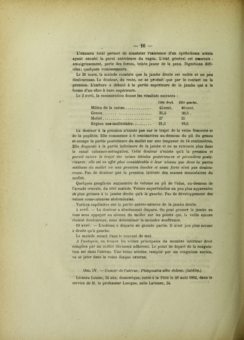 L’examen local permet de constater l’existence d’un épithélioma utérin ayant envahi la paroi antérieure du vagin. L’état général est mauvais . amaigrissement, perte des forces, teinte jaune de la peau. Digestions diffi- ciles; quelques vomissements. Le 26 mars, la malade constate que la jambe droite est enflée et un peu douloureuse. La douleur, du reste, ne se produit que par le contact ou la pression. L’enflure a débuté à la partie supérieure de la jambe qui a la forme d’un cône à base supérieure. Le 2 avril, la mensuration donne les résultats suivants : Côté droit. Côté gauche, Milieu de la cuisse 40 cent. Genou 30,5 , Mollet 27 25 Région sus-malléolaire 21,S 19,5 La douleur à la pression n’existe pas sur le trajet de la veine fémorale et de la poplitée. Elle commence à 6 centimètres au-dessous du pli du genou et occupe la partie postérieure du mollet sur une longueur de 14 centimètres. Elle disparaît à la partie inférieure de la jambe et ne se retrouve plus dans le canal calcaneo-astragalien. Cette douleur n’existe qu’à la pression et 'parait suivre le trajet des veines tibiales postérieures et péronières posté- rieures ; elle est en effet plus considérable à leur niveau que dans la partie médiane du mollet où une pression limitée et assez forte n’est pas doulou- reuse. Pas de douleur par la pression latérale des masses musculaires du mollet. Quelques ganglions augmentés de volume au pli de l’aine, au-dessous de l’arcade crurale, du côté malade. Veines superficielles un peu plus apparentes et plus grosses à la jambe droite qu’à la gauche. Pas de développement des veines sous-cutanées abdominales. Varices capillaires sur la partie antéro-externe de la jambe droite. 4 avril. — La douleur a absolument disparu. On peut presser la jambe en tous sens appuyer au niveau du mollet sur les points qui, la veille encore étaient douloureux, sans déterminer la moindre souffrance. 10 avri1. — L’œdème a disparu en grande partie. 11 n’est pas plus accusé à droite qu’à gauche. La malade meurt dans le courant de mai. A l’autopsie, on trouve les veines principales du membre inférieur droit remplies par un caillot fibrineux adhérent. Le point de départ de la coagula- tion est dans l’utérus. Une veine utérine, remplie par un coagulum ancien, va se jeter dans la veine iliaque externe. Obs. IV- — Cancer de l’utérus ; Phlegmatia alba dolens. (Inédite.) Loiseau Louise, 34 ans, domestique, entre à la Pitié le 28 août 1882, dans le service de M. le professeur Lasègue, salle Laënnec, 24.