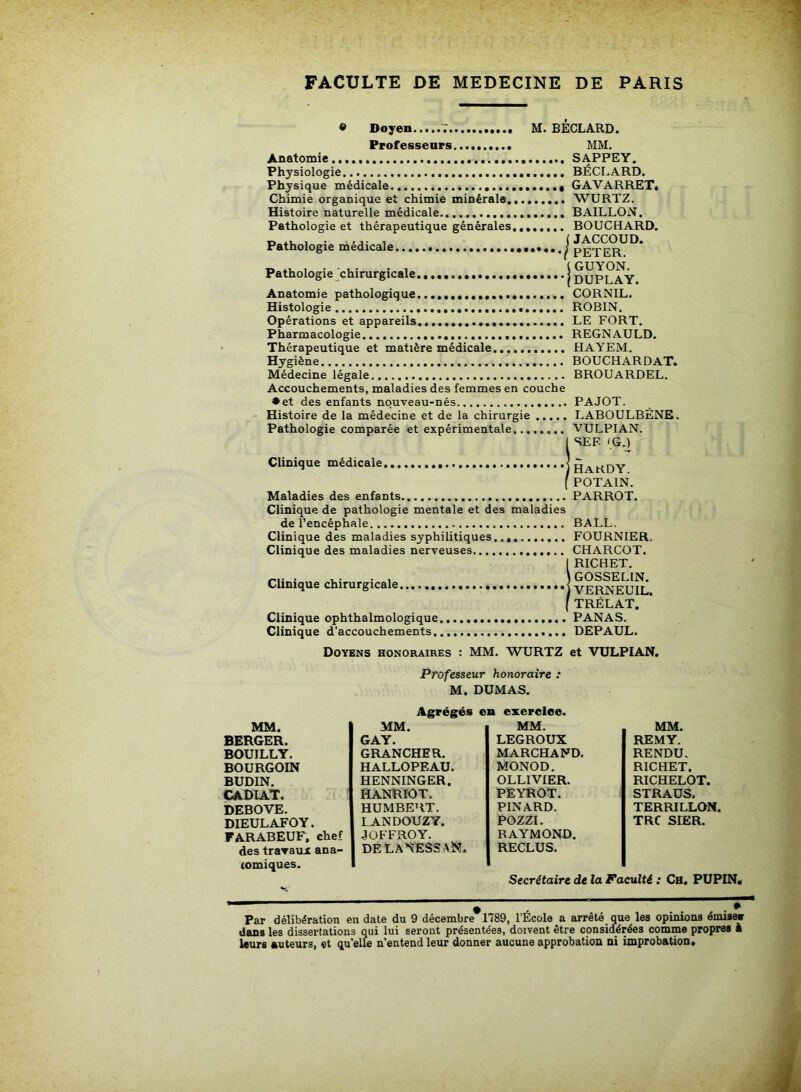 FACULTE DE MEDECINE DE PARIS © Doyen M. BÉCLARD. Professeurs..., MM. Anatomie SAPPEY. Physiologie BÉCLARD. Physique médicale « GAVARRET, Chimie organique et chimie minérale WURTZ. Histoire naturelle médicale BAILLON. Pathologie et thérapeutique générales, BOUCHARD. n ,1 « . .. [Jaccoud. Pathologie medicale PETER Pathologie chirurgicale j DUPLAY Anatomie pathologique CORNIL. Histologie ROBIN. Opérations et appareils LE FORT. Pharmacologie REGNAULD. Thérapeutique et matière médicale HAYEM. Hygiène BOUCHARDAT. Médecine légale BROUARDEL. Accouchements, maladies des femmes en couche • et des enfants nouveau-nés Histoire de la médecine et de la chirurgie Pathologie comparée et expérimentale... Clinique médicale Maladies des enfants PAJOT. LABOULBÈNE. VULPIAN. SEF. (G.) Hardy. POTA1N. PARROT. Clinique de pathologie mentale et des maladies de l’encéphale Clinique des maladies syphilitiques.., Clinique des maladies nerveuses Clinique chirurgicale Clinique ophthalmologique Clinique d’accouchements. BALL. FOURNIER. CHARCOT. RICHET. GOSSELIN. VERNEUIL. TRÉLAT. PANAS. DEPAUL. Doyens honoraires : MM. WURTZ et VULPIAN. Professeur honoraire : M. DUMAS. Agrégés en exercice. MM. MM. MM. MM. BERGER. GAY. LEGROUX REMY. BOUILLY. GRANCHER. MARCHAND. RENDU. BOURGOIN HALLOPEAU. MONOD. RICHET. BUDIN. HENNINGER. OLLIVIER. RICHELOT. CADIAT. HANRIOT. PEYROT. STRAUS. DEBOVE. HUMBERT. PINARD. TERRILLON. DIEULAFOY. LANDOUZY. POZZI. TRC SIER. FARABEUF, chef JOFFROY. RAYMOND. des travaux ana- DÉ LANESSAN* RECLUS. tomiques. Secrétaire de la Faculté : Ch. PUPIN, 9 . “ Par délibération en date du 9 décembre 1789, l'Ecole a arrêté que les opinions émise» dans les dissertations qui lui seront présentées, doivent être considérées comme propres à leurs auteurs, et qu’elle n’entend leur donner aucune approbation ni improbation.