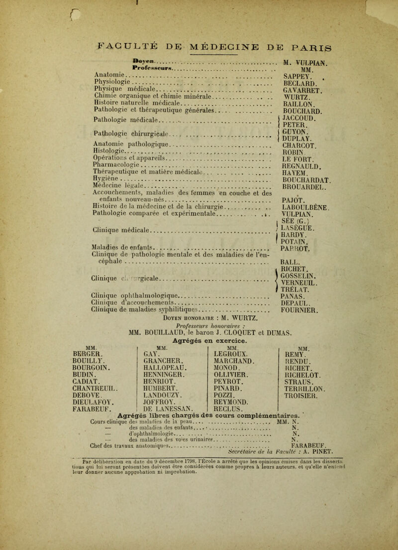 J r .4 FACULTÉ DE MÉDECINE DE PARIS Moy«n Professeurs Anatomie Physiologie Physique médicale Chimie organique et chimie minérale Histoire naturelle médicale Pathologie et thérapeutique générales. Pathologie médicale Pathologie chirurgicale.... Anatomie pathologique.. Histologie ! Opérations et appareils Pharmacologie .... Thérapeutique et matière médicale Hygiène Médecine légale Accouchements, maladies des femmes en couche et des enfants nouveau-nés Histoire de la médecine et de la chirurgie.. Pathologie comparée et expérimentale Clinique médicale Maladies de enfants Clinique de pathologie mentale et des maladies de l’en- céphale Clinique ci. irgicale Clinique ophthalmologique Clinique d’accouchements Clinique de maladies syphilitiques Doyen honoraire : M. WURTZ. M. VULPIAN. MM. SAPPEY. . BECLARD. GAYARRET. WURTZ. BAILLON. BOUCHARD. JACCOUD. PETER. GUYON. DUPLAY. CHARCOT. ROBIN LE FORT. REGNAULD. HAYEM. BOUCHARDAT. BROUARDEL. PAJOT. LABOULBÈNE. YULPIAN. SÉE (G.) LASÈGUE. HARDY. POTATN. PAR ROT. BALL. RICHET. GOSSELIN. VERNEUIL. TRÉLAT. PANAS. DEPAUL. FOURNIER. Professeurs honoraires : MM. BOUILLAUD, le baron J. CLOQUET et DUMAS. Agrégés en exercice. MM. MM. MM. MM. BERGER. GAY. LEGROUX. REMY. BOUILLY. GRANCHER. MARCHAND. RENDU. BOURGOIN. HALLOPEAU. MONOD. RICHET. BUDIN. HENNINGER. OLLIVIER. RICHELOT. CADIAT. HENRIOT. PEYROT. STRAUS. CHANTREUIL. HUMBERT. PINARD. TERRILLON DEBOVE. LANDOUZY. POZZI. TROISIER. DIEULAFOY. JOFFROY. REYMOND. FARABEUF. DE LANESSAN. RECLUS. Agrégés libres chargés des cours complémentaires. Cours clinique des maladies de la peau MM. N. — des maladies des enfants • N. — d’ophthalmologie • N. — des maladies des vo'es urinaires N. Chef des travaux anatomiques FARABEUF. Secrétaire de la Faculté : A. PINET. Par délibération en date du 9 décembre 1798, l’École a arrêté que les opinions émises dans les disserta tions qui lui seront présentées doivent être considérées comme propres à leurs auteurs, et qu’elle n’entend leur donner aucune approbation ni improbation.