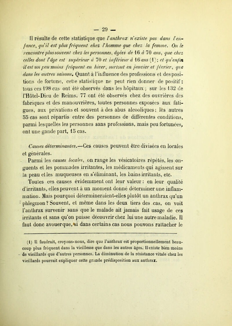 11 résulte de cette statistique que ïanthrax n'existe pas dans ïen~ fance, quil est plus fréquent ehez T homme que chez la femme. On le rencontre plus souvent chez les personnes^ âgées 16 à 70 ans^ que chez celles dont l’âge est supérieur à et inférieur à 16«W5 (1); et qu enfin il est un peu moins fréquent en hiver^ surtout en janvier et février., que dans les autres saisons. Quant à l’influence des professions et des posi- tions de fortune, cetle statistique ne peut rien donner de positif : tous ces 198 cas ont été observés dans les hôpitaux ” sur les 132 de l’Hôtel-Dieu de Reims. 77 ont été observés chez des ouvrières des fabriques et des manouvrières, toutes personnes exposées aux fati- gues, aux privations et souvent à des abus alcooliques; lès autres 55 cas sont répartis entre des personnes de différentes conditions, parmi lesquelles les personnes sans professions, mais peu fortunées, ont une gande part, 15 cas. Causes déterminantes.—Ces causes peuvent être divisées en locales et générales. Parmi les causes locales., on range les vésicatoires répétés, les on- guents et les pommades irritantes, les médicaments qui agissent sur la peau et les muqueuses en s’éliminant, les bains irritants, etc. Toutes ces causes évidemment ont leur valeur : en leur qualité d’irritants, elles peuvent à un moment donné déterminer une inflam- mation. Mais pourquoi détermineraient'elles plutôt un anthrax qu’un phlegmon? Souvent, et même dans les deux tiers des cas, on voit l’anthrax survenir sans que le malade ait jamais fait usage de ces irritants et sans qu’on puisse découvrir chez lui une autre maladie. 11 faut donc avouerque,‘si dans certains cas nous pouvons rattacher le (1) Il faudrait, croyons-nous, dire que l’anthrax est proportionnellement beau- coup plus fréquent dans la vieillesse que dans les autres âges. Il existe bien moins - de vieillards que d’autres personnes. La diminution de la résistance vitale chez les vieillards pourrait expliquer cette grande prédisposition aux anthrax.