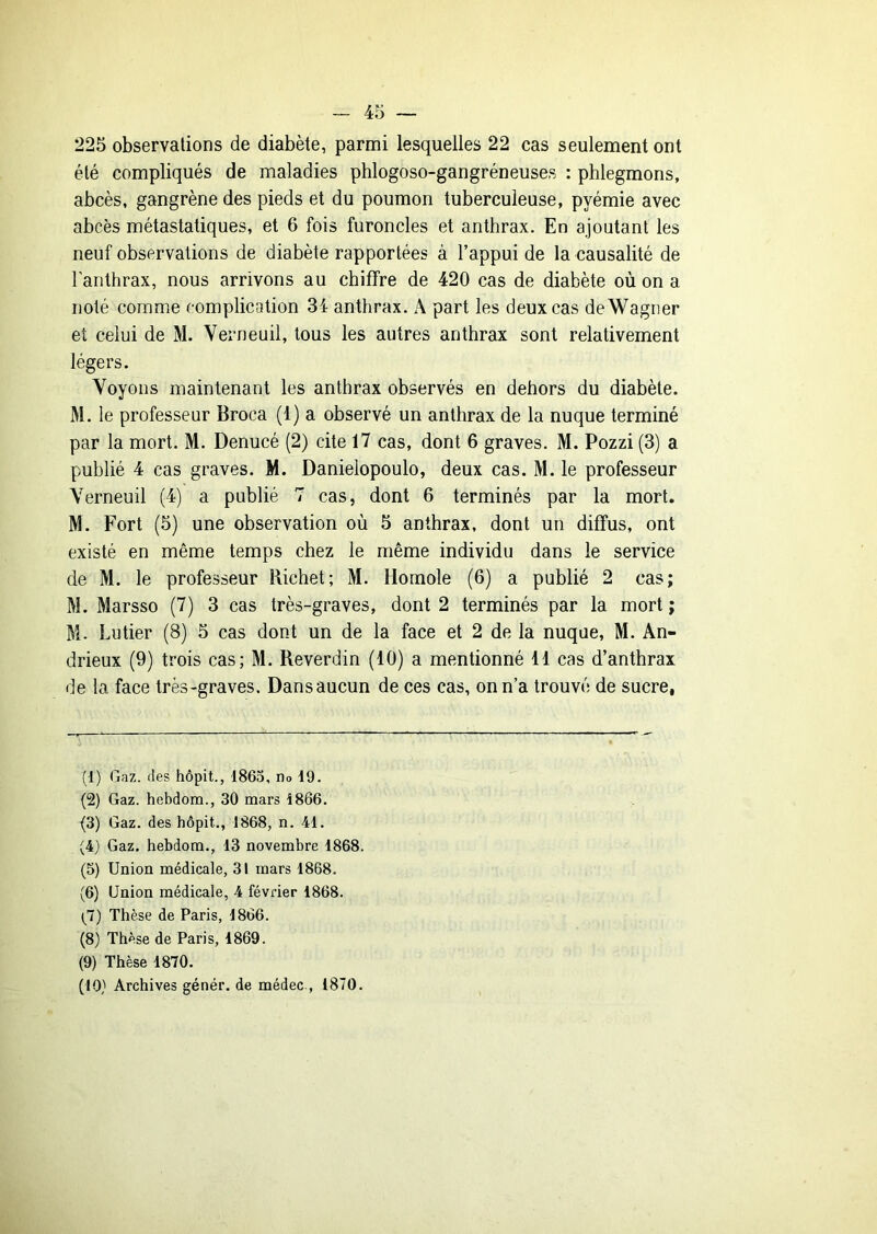 225 observations de diabète, parmi lesquelles 22 cas seulement ont été compliqués de maladies phlogoso-gangréneuses : phlegmons, abcès, gangrène des pieds et du poumon tuberculeuse, pyémie avec abcès métastatiques, et 6 fois furoncles et anthrax. En ajoutant les neuf observations de diabète rapportées à l’appui de la causalité de lanthrax, nous arrivons au chiffre de 420 cas de diabète où on a noté comme complication 34 anthrax. A part les deux cas de Wagner et celui de M. Verneuil, tous les autres anthrax sont relativement légers. Voyons maintenant les anthrax observés en dehors du diabète. M. le professeur Broca (1) a observé un anthrax de la nuque terminé par la mort. M. Denucé (2) cite 17 cas, dont 6 graves. M. Pozzi (3) a publié 4 cas graves. M. Danielopoulo, deux cas. M. le professeur Verneuil (4) a publié 7 cas, dont 6 terminés par la mort. M. Fort (5) une observation où 3 anthrax, dont un diffus, ont existé en même temps chez le même individu dans le service de M. le professeur Richet; M. Homole (6) a publié 2 cas; M. Marsso (7) 3 cas très-graves, dont 2 terminés par la mort; M. Lutier (8) 3 cas dont un de la face et 2 de la nuque, M. An- drieux (9) trois cas; M. Reverdin (10) a mentionné 11 cas d’anthrax de la face très-graves. Dans aucun de ces cas, on n’a trouvé de sucre. (1) Gaz. (les hôpit., 1865, no 19. (2) Gaz. hebdom., 30 mars 1866. (3) Gaz. des hôpit., 1868, n. 41. (4) Gaz. hebdom., 13 novembre 1868. (5) Union médicale, 31 mars 1868. (6) Union médicale, 4 février 1868. {!) Thèse de Paris, 1866. (8) Thèse de Paris, 1869. (9) Thèse 1870. (10} Archives génér. de médec., 1870.