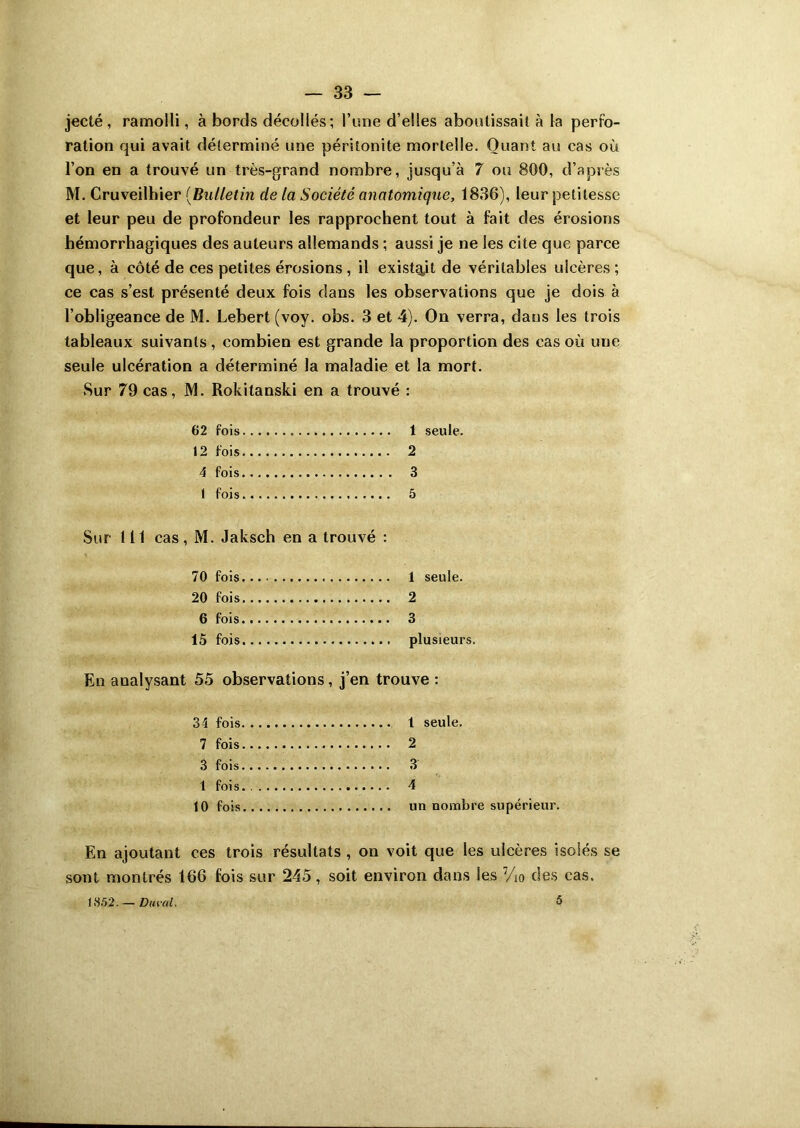 jecté, ramolli, à bords décollés; l’une d’elles aboutissait à la perfo- ration qui avait déterminé une péritonite mortelle. Quant au cas où l’on en a trouvé un très-grand nombre, jusqu’à 7 ou 800, d’après M. Cruveilhier (Bulletin de la Société anatomique, 1836), leur petitesse et leur peu de profondeur les rapprochent tout à fait des érosions hémorrhagiques des auteurs allemands ; aussi je ne les cite que parce que, à côté de ces petites érosions , il existait de véritables ulcères ; ce cas s’est présenté deux fois dans les observations que je dois à l’obligeance de M. Lebert (voy. obs. 3 et 4). On verra, dans les trois tableaux suivants , combien est grande la proportion des cas où une seule ulcération a déterminé la maladie et la mort. Sur 79 cas, M. Rokitanski en a trouvé : 62 fois 12 fois 4 fois I fois Sur 111 cas, M. Jaksch en a trouvé : 70 fois 20 fois 2 6 fois 15 fois En analysant 55 observations, j’en trouve : 34 fois 1 seule. 7 fois 2 3 fois 3 1 fois 4 10 fois un nombre supérieur. En ajoutant ces trois résultats , on voit que les ulcères isolés se sont montrés 166 fois sur 245, soit environ dans les Vio des cas. 1 seule. 2 3 5 1852. — Dtucil. 5