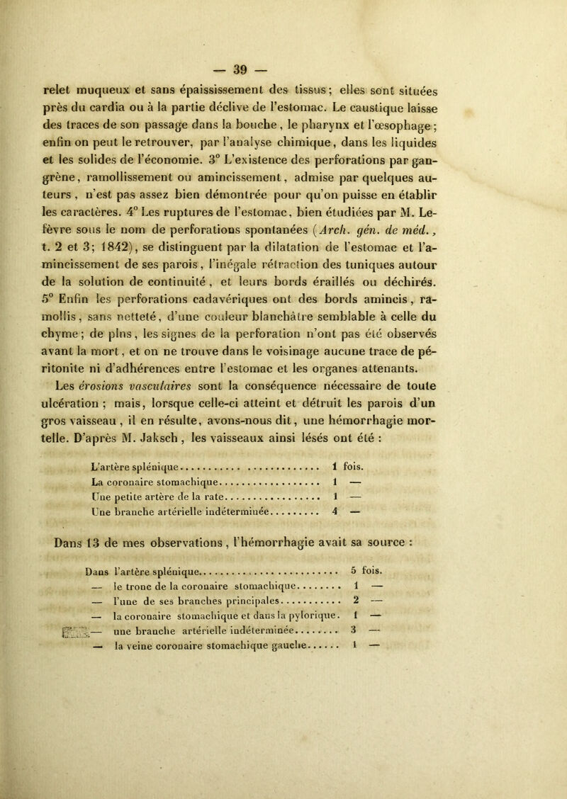 relet muqueux et sans épaississement des tissus ; elles sont situées près du cardia ou à la partie déclive de l’estomac. Le caustique laisse des traces de son passage dans la bouche , le pharynx et l’œsophage ; enfin on peut le retrouver, par l’analyse chimique, dans les liquides et les solides de l’économie. 3° L’existence des perforations par gan- grène, ramollissement ou amincissement, admise par quelques au- teurs , n’est pas assez bien démontrée pour qu’on puisse en établir les caractères. 4° Les ruptures de l’estomac, bien étudiées par M. Le- fèvre sous le nom de perforations spontanées ( Areli. gén. de méd., t. 2 et 3; 1842), se distinguent par la dilatation de l’estomac et l’a- mincissement de ses parois, l’inégale rétraction des tuniques autour de la solution de continuité , et leurs bords éraillés ou déchirés. 5° Enfin les perforations cadavériques ont des bords amincis, ra- mollis, sans netteté, d’une couleur blanchâtre semblable à celle du chyme ; de pins, les signes de la perforation n’ont pas été observés avant la mort, et on ne trouve dans le voisinage aucune trace de pé- ritonite ni d’adhérences entre l’estomac et les organes attenants. Les érosions vasculaires sont la conséquence nécessaire de toute ulcération; mais, lorsque celle-ci atteint et détruit les parois d’un gros vaisseau , il en résulte, avons-nous dit, une hémorrhagie mor- telle. D’après M. Jaksch , les vaisseaux ainsi lésés ont été : L’artère splénique 1 fois. La coronaire stomachique 1 — Une petite artère de la rate 1 — Une branche artérielle indéterminée 4 — Dans 13 de mes observations, l’hémorrhagie avait sa source : Dans l’artère spléuique 5 fois. — le tronc de la coronaire stomachique 1 —- — l’une de ses branches principales 2 — — la coronaire stomachique et dans la pylorique. t — f:’: — une branche artérielle indéterminée 3 — — la veine coronaire stomachique gauche 1 —