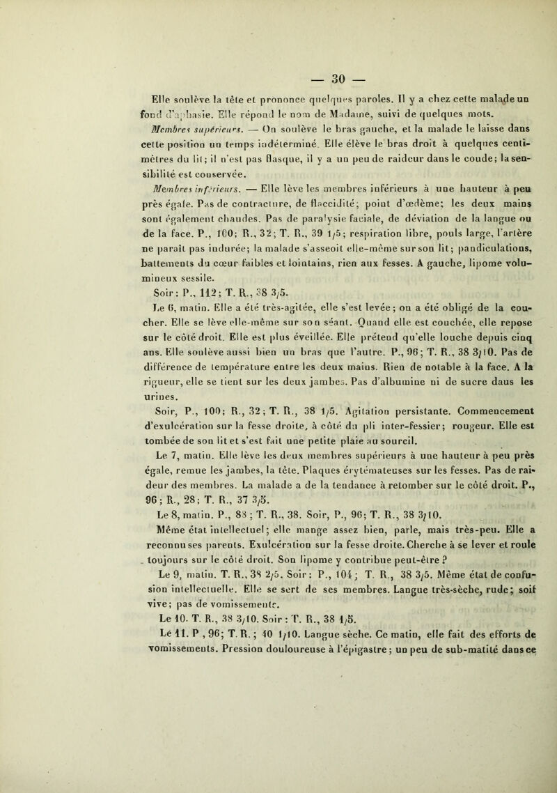 Elle soulève la têle et prononce quelques paroles. Il y a chez celte malade un fond d’ap'uasie. Elle répond le nom de Madame, suivi de (|uelques mots. Membres supérieurs. —- On soulève le bras gauche, et la malade le laisse dans celte position un temps indélerminé. Elle élève le bras droit à quelques centi- mètres du lil; il n’est pas flasque, il y a un peu de raideur dans le coude; la sen- sibilité est conservée. Membres inféricurs. —Elle lève les membres inférieurs à une hauteur à peu près égale. Pas de conlraciiire, de flaccidité; point d’œdème; les deux mains sont également chaudes. Pas de paralysie faciale, de déviation de la langue ou de la face. P., ICO; R., 32; T. R., 39 1/5; respiration libre, pouls large. Tarière ne paraît pas indurée; la malade s’asseoit elle-même surson lit; pandiculations, battements du cœur faibles et lointains, rien aux fesses. A gauche, lipome volu- mineux sessile. Soir: P., 112; T. R., 38 3/5. Le 0, malin. Elle a été très-agitée, elle s’est levée; on a été obligé de la cou- cher. Elle se lève elle-même sur son séant. Quand elle est couchée, elle repose sur le côté droit. Elle est |>lus éveillée. Elle prétend qu’elle louche depuis cinq ans. Elle soulève aussi bien un bras que Taulre, P., 96 ; T. R., 38 3/l0. Pas de différence de température entre les deux mains. Rien de notable à la face. A la rigueur, elle se tient sur les deux jambes. Pas d’albumine ni de sucre daus les uri nés. Soir, P., lOO; R., 32 ; T. R., 38 1/5. Agitation persistante. Commencement d’exulcéralion sur la fesse droite, à côté du pli inter-fessier; rougeur. Elle est tombée de son lit et s’est fait une petite plaie au sourcil. Le 7, matin. Elle lève les deux membres supérieurs à une hauteur à peu près égale, remue les jambes, la tète. Plaques éry témateuses sur les fesses. Pas de rai- deur des membres. La malade a de la tendance à retomber sur le côté droit. P., 96; R., 28; T. R., 37 3/3. Le 8, malin. P., 88 : T. R., 38. Soir, P., 96; T. R., 38 3^10. Même état intellectuel ; elle mange assez bien, parle, mais très-peu. Elle a reconnu ses parents. Exulcéralion sur la fesse droite. Cherche à se lever et roule . toujours sur le côté droit. Son lipome y contribue peut-être ? Le 9, malin. T. R., 38 2/5. Soir: P., 104; T. R., 38 3/5. Même étal de confu- sion intelleciuelle. Elle se sert de ses membres. Langue très-sèche, rude; soif vive; pas de vomissemenlr. Le 10. T. R., 38 3/10. Soir : T. R., 38 i/5. Lé 41. P , 96; T. R. ; 40 l/lO. Langue sèche. Ce matin, elle fait des efforts de vomissements. Pression douloureuse à Tépigaslre; un peu de sub-matité dans ce