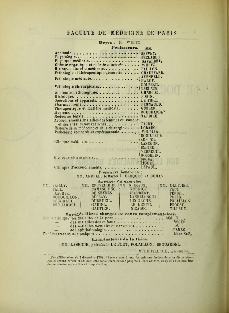 EJ® yen 9 M. WU R T Z. fi^refesseurs. MM. Anatomie ...........SAPPEY* ' Physiologie . . .h . BRCLARD.I, Physique médicale GAVARRET* Chimie organique et c*- -mie minérale WURTZ. Histcir„ naturelle médicale BAILLON. Pathologie et thérapeutique générales CHAUFFARD., Pathologie médicale j g* rdy^* Pathologie chirurgicale 'ITRËLAT?* Anatomie pathologique. CHARCOT. Histologie ROBIN. Opérations et appareils LE FORT. Pharmacologie BEGNAULD. Thérapeutique et matière médicale GUBLER. Hygiene B0UCHARDA7 Médecine légale TARDIEU. Accouchements,maladiesdesfemmes en couche et de: enfants nouveau-nés PAJOT. Histoire de la médecine et de la chirurgie LORAIN. Pathologie comparée et expérimentale Clinique médicale. Clinique chirurgicale. VULP1AN. BOUILLAUD. SËE (G). LASEGUE. BEH1KR. VERNEUIL. GOSSELIN. BROCA. RICHET. BAILLY. , M M. CRUVEI LHIER.| MM GB1MAUX. BALL. PAMASCHINQ. GOENIOT BLACHEZ. DE SEYNES ISAMBEliT. BOCQUILLON. DUPLAY. LANNELONGUE. BOUCHARD. DUDRUEIL. lEcorciiè. BROUARDEL. GARIEL. LE DENTU. GAUTIER. NIEAISE. Clinique d’accouchements. DEPAUL. Professeurs honoraires : MM. ANDRAL, le Baron J. CLOQUKT et DUMAS Agrésés e»ï exercice, OLLIVIER PAUL. PERiER. PETER. POLAILLON PROUST. TILLAUX. Agrégés libres charges «le cosirs compSéaieatalres. C-.mr» clinique des maladies de la peau MM. N. . . — des maladies des enfants. , . . ROGER. des rûàladies menlales et nerveuses N. . . de l’cphthalmologie PANAS. Chef des travaux auatomiques Marc SeE» El'ismiiiatcrirs de la llièse. MM LASÈGUE, président; LE FORT, POLAILLON, BROUARDEL. _____ M. LE FILLEUL, Secrétaire. Par délibération du 7 décembre 1798, l’Ecrle a arrête que les opinions émises dans les dissertai ions roi lui seront prrrerlées drivent tire considérées comme propres à .eurs auteurs, et qu’elle n’cnlcnd leur (loancr aucune aprobalion ni improbation.