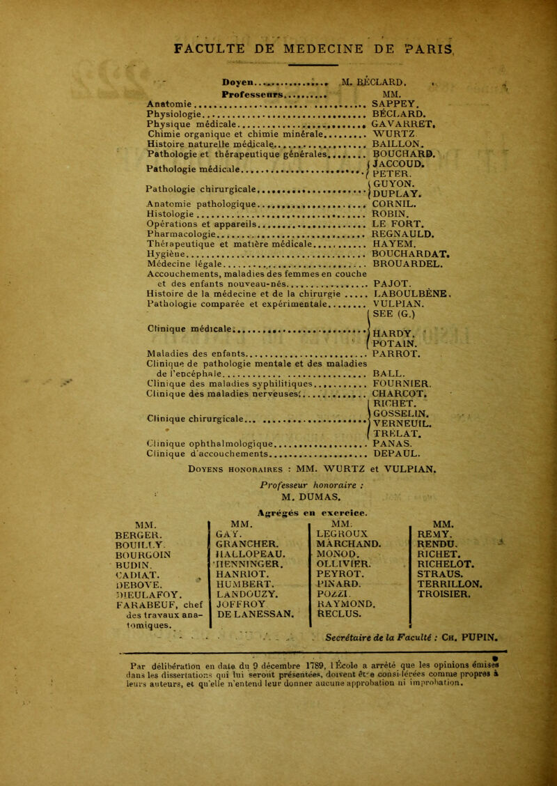 Doyeu...* ...» M. RÉCLARD. Professenrs Anatomie ... Physiologie Physique médicale Chimie organique et chimie minérale. Histoire naturelle médicale. Pathologie et thérapeutique générales Pathologie médicale..., Pathologie chirurgicale Anatomie pathologique............ Histologie Opérations et appareils........... Pharmacologie Thérapeutique et matière médicale Hygièue Médecine légale MM. SAPPEY. BÉCLARD. GAVARRET. WURTZ BAILLON. BOUCHARD. JACCOUD. PETER. GUYON. DUPLAY. CORNIL. ROBIN. LE FORT. REGNAULD. HAYEM. BOUCHARDAT. BROUARDEL. Accouchements, maladies des femmes en couche et des enfants nouveau-nés PAJOT. Histoire de la médecine et de la chirurgie LABOULBÈNE, Pathologie comparée et expérimentale VULPIAN. (SEE (G.) H A.RDY POTAIN. Maladies des enfants PARROT. Clinique de pathologie mentale et des maladies de l’encéphale Clinique des maladies syphilitiques Clinique des maladies nerveuses! Clinique chirurgicale Clinique ophthalmologique Clinique d'accouchements. BALL. FOUBNIER. CHARCOT. RICHET. GOSSELIN. YERNEUIL. TRKLAT. PANAS. DEPAUL. 1 Doyens honoraires : MM. WURTZ et VULPIAN. Professeur honoraire : M. DUMAS. Agrégés en exercice. MM. MM. MM: MM. BERGER. GAY. LEGROUX REMY. BOUILLY. GRANCHER. MARCHAND. RENDU. BOURG OIN HALLOPEAU. MONOD. RICHET. BUDIN. TIENNÎNGER. OLLIVIER. RICHELOT. cadiat. HANRIOT. PEYROT. STRAUS. DEBOYE. HUMBERT. PINARD. TERRILLON. DIEULAFOY. LAN DO UZ Y. PO/.ZI, TROISIER. FARABEUF, chef JOFFROY RAYMOND. des travaux ana- DE LANESSAN. RECLUS. tomiques. ■ - Secrétaire de la Faculté : Ch. PUPIN Par délibération en date du 9 décembre 1789, 1 École a arrêté que les opinions émises dans les dissertations qui lui seront présentées, doivent êt-e considérées comme propres à leurs auteurs, et qu’elle n’entend leur donner aucune approbation ni improbation.