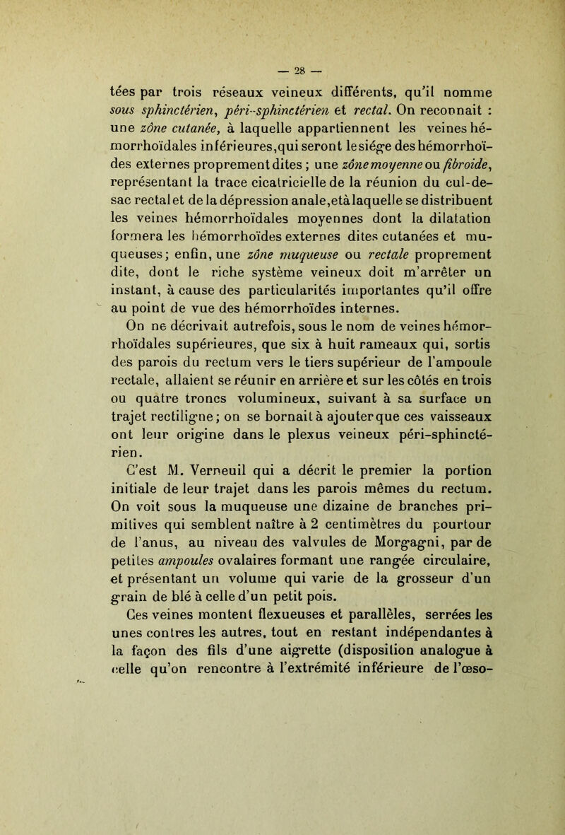 tées par trois réseaux veineux différents, qu’il nomme sous sphinctérien^ péri-sphinctérien et rectaL On recoonait : une zône cutanée, à laquelle appartiennent les veines hé- morrhoïdales inférieures,qui seront lesiég*e des hémorrhoï- des externes proprement dites ; nne zône moyenne on fibroide, représentant la trace cicatricielle de la réunion du cul-de- sac rectal et de la dépression anale,etàlaquelle se distribuent les veines hémorrhoïdales moyennes dont la dilatation formera les hémorrhoïdes externes dites cutanées et mu- queuses; enfin, une zône muqueuse ou rectale proprement dite, dont le riche système veineux doit m’arrêter un instant, à cause des particularités importantes qu’il offre au point de vue des hémorrhoïdes internes. On ne décrivait autrefois, sous le nom de veines hémor- rhoidales supérieures, que six à huit rameaux qui, sortis des parois du rectum vers le tiers supérieur de l’ampoule rectale, allaient se réunir en arrière et sur les côtés en trois ou quatre troncs volumineux, suivant à sa surface un trajet rectilig*ne; on se bornait à ajouterque ces vaisseaux ont leur orig*ine dans le plexus veineux péri-sphincté- rien. C’est M. Verneuil qui a décrit le premier la portion initiale de leur trajet dans les parois mêmes du rectum. On voit sous la muqueuse une dizaine de branches pri- mitives qui semblent naître à 2 centimètres du pourtour de l’anus, au niveau des valvules de Morg’ag’ni, par de petites ampoules ovalaires formant une rang*ée circulaire, et présentant un volume qui varie de la grosseur d’un grain de blé à celle d’un petit pois. Ces veines montent flexueuses et parallèles, serrées les unes contres les autres, tout en restant indépendantes à la façon des fils d’une aigrette (disposition analogue à celle qu’on rencontre à l’extrémité inférieure de l’œso-