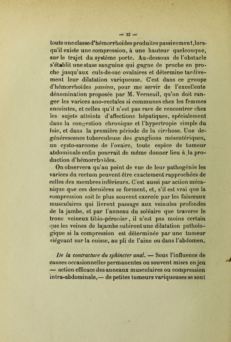 toute imeclassed’hémorrhoïdes produites passivemen t,lors- qu’il existe une compression, à une hauteur quelconque, sur le trajet du système porte. Au-dessous de l’obstacle s’établit une stase sang*uine qui g'ag’ne de proche en pro- che jusqu’aux culs-de-sac ovalaires et détermine tardive- ment leur dilatation variqueuse. C’est dans ce groupe d’hémorrhoïdes passives^ pour me servir de l’excellente dénomination proposée par M. Verneuil, qu’on doit ran- ger les varices ano-rectales si communes chez les femmes enceintes, et celles qu’il n’est pas rare de rencontrer chez les sujets atteints d’affections hépatiques, spécialement dans la congestion chronique et l’hypertropie simple du foie, et dans la première période de la cirrhose. Une dé- générescence tuberculeuse des ganglions mésentériques, un cysto-sarcome de l’ovaire, toute espèce de tumeur abdominale enfin pourrait de même donner lieu à la pro- duction d’hémorrhoïdes. On observera qu’au point de vue de leur pathogénie les varices du rectum peuvent être exactement rapprochées de celles des membres inférieurs. C’est aussi par action méca- nique que ces dernières se forment, et, s’il est vrai que la compression soit le plus souvent exercée par les faisceaux musculaires qui livrent passage aux veinules profondes de la jambe, et par l’anneau du soléaire que traverse le tronc veineux tibio-péronier, il n’est pas moins certain que les veines de lajambe subiront une dilatation patholo- gique si la compression est déterminée par une tumeur siégeant sur la cuisse, au pli de l’aine ou dans l’abdomen. De la contracture du sphincter anal. — Sous l’influence de causes occasionnelles permanentes ou souvent mises enjeu — action efficace des anneaux musculaires ou compression intra-abdominale,— de petites tumeurs variqueuses se sont